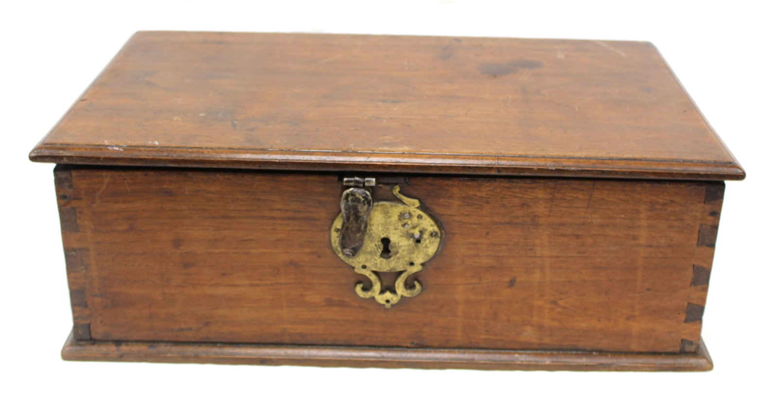 Antique wooden bible/valuables box w brass handles & lock plate - 7 1/2" tall x 21 1/2"x13"