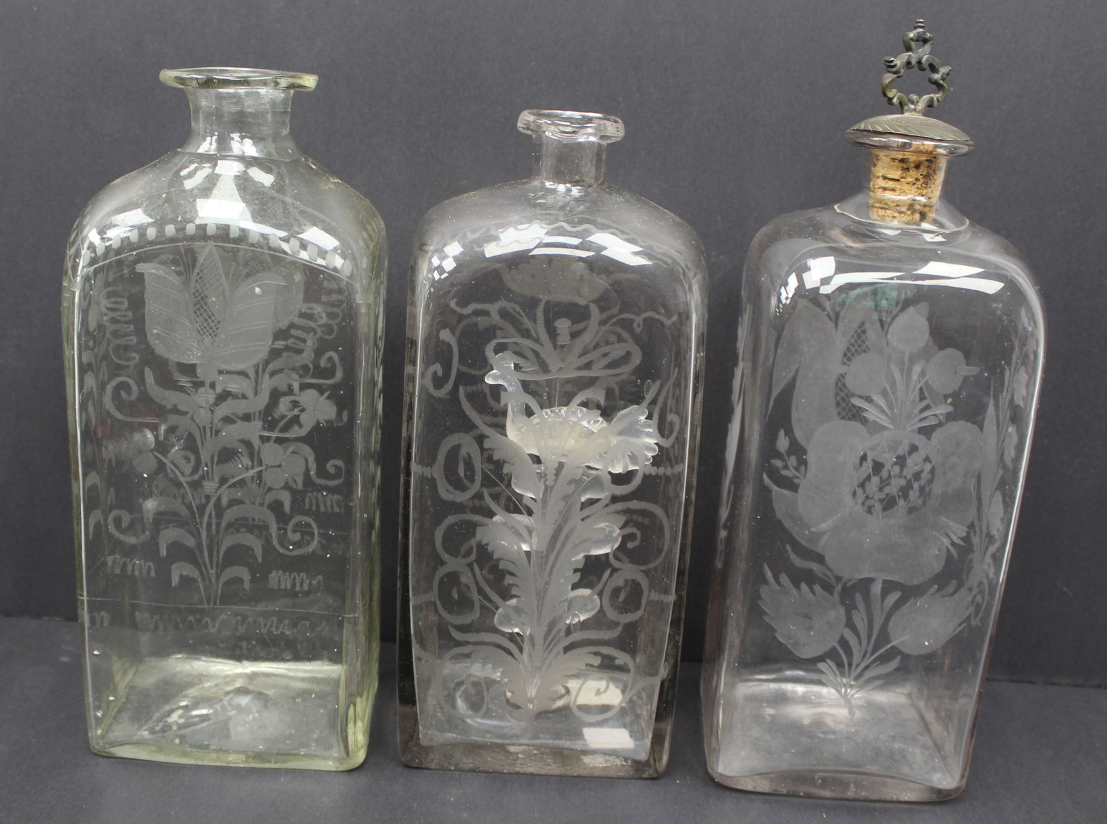 Lot of 3 early clear etched glass case bottles incl 1 w blown bird inside the bottle - 10"-12" tall (1 of 12)