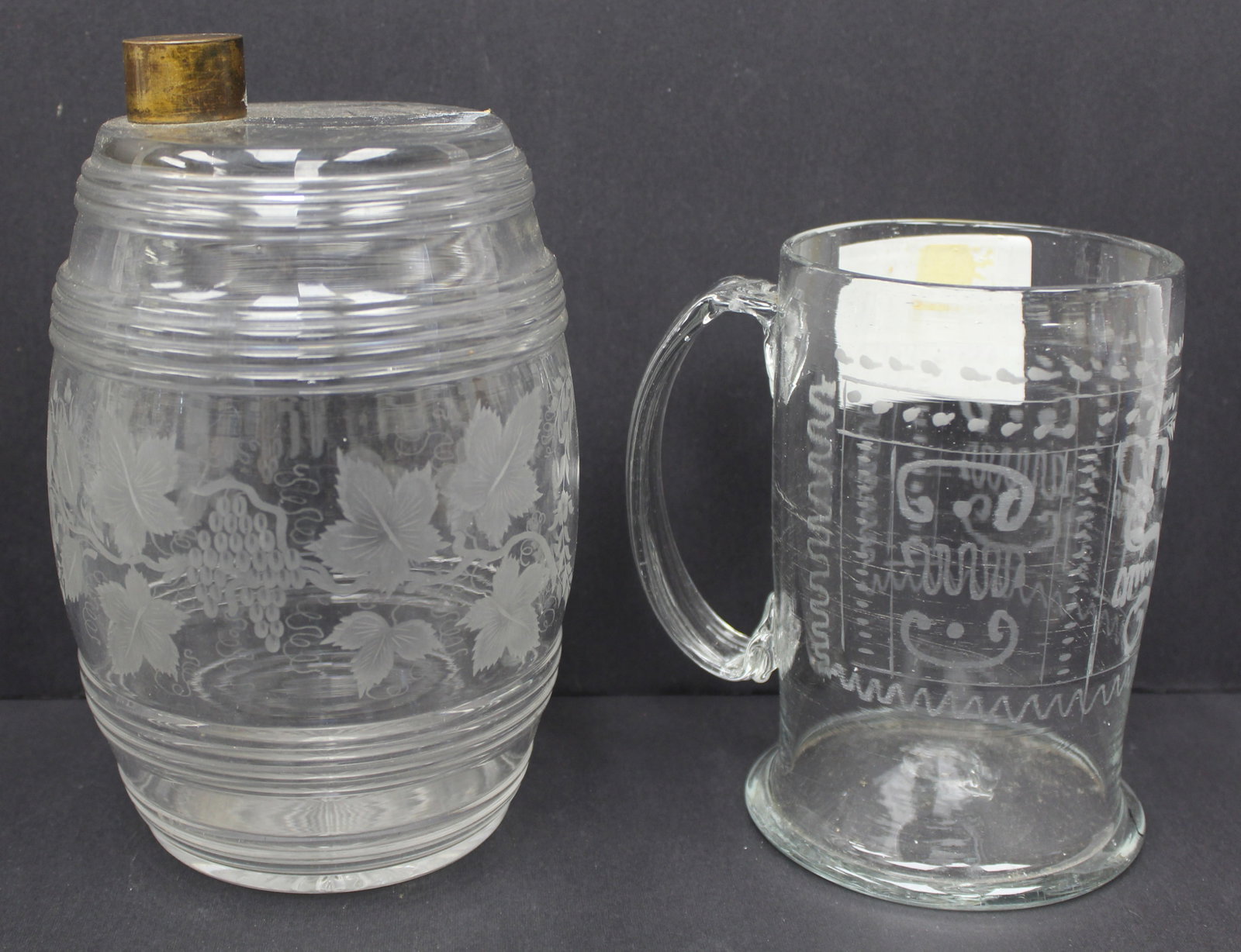 Lot of 2 early clear etched glass items incl barrel & mug - 8 1/2" & 6" tall (1 of 9)