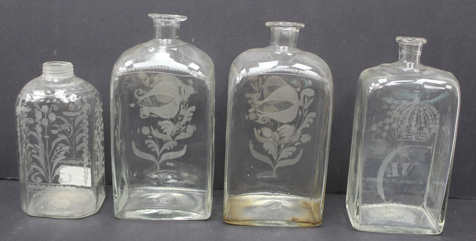 Lot of 4 early clear etched glass case bottles - 6 1/2" - 8 3/4" tall (1 of 10)