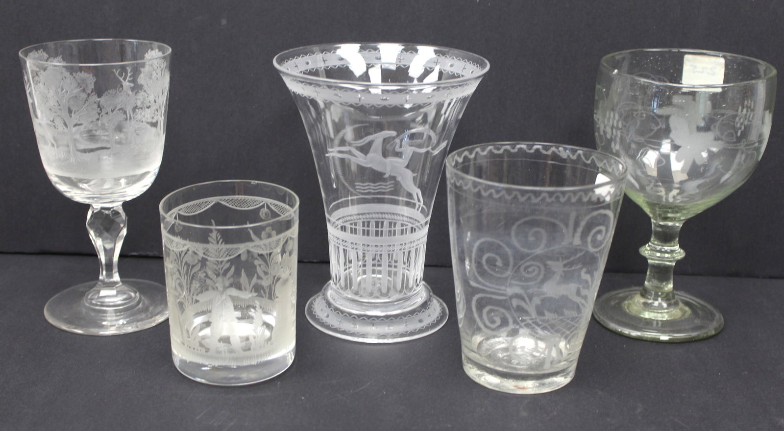 Lot of 5 early clear etched glass cups/goblets & vase - 4"-6 1/2" tall (1 of 8)