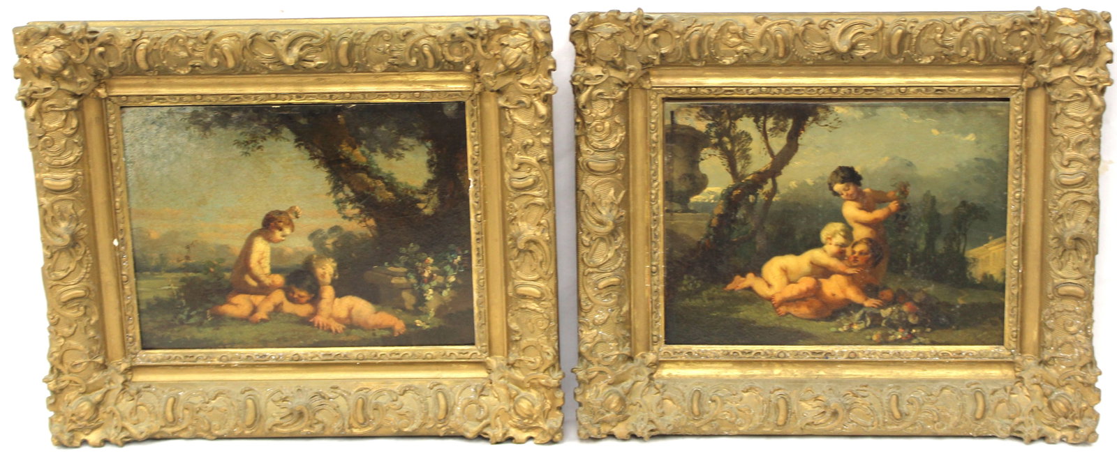 Lot of 2 o/c in matching frames of playful cherubs in a garden - overall framed size 12 3/4"x15 1/2" (1 of 9)