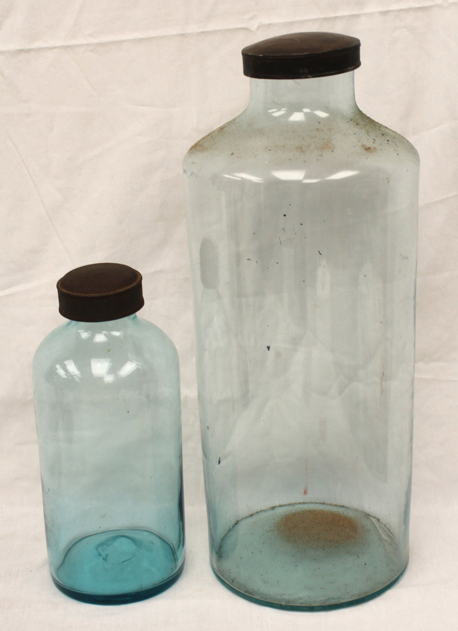 Lot of 2 large early aqua glass jars w lids - 18" & 10 1/2" tall (1 of 7)