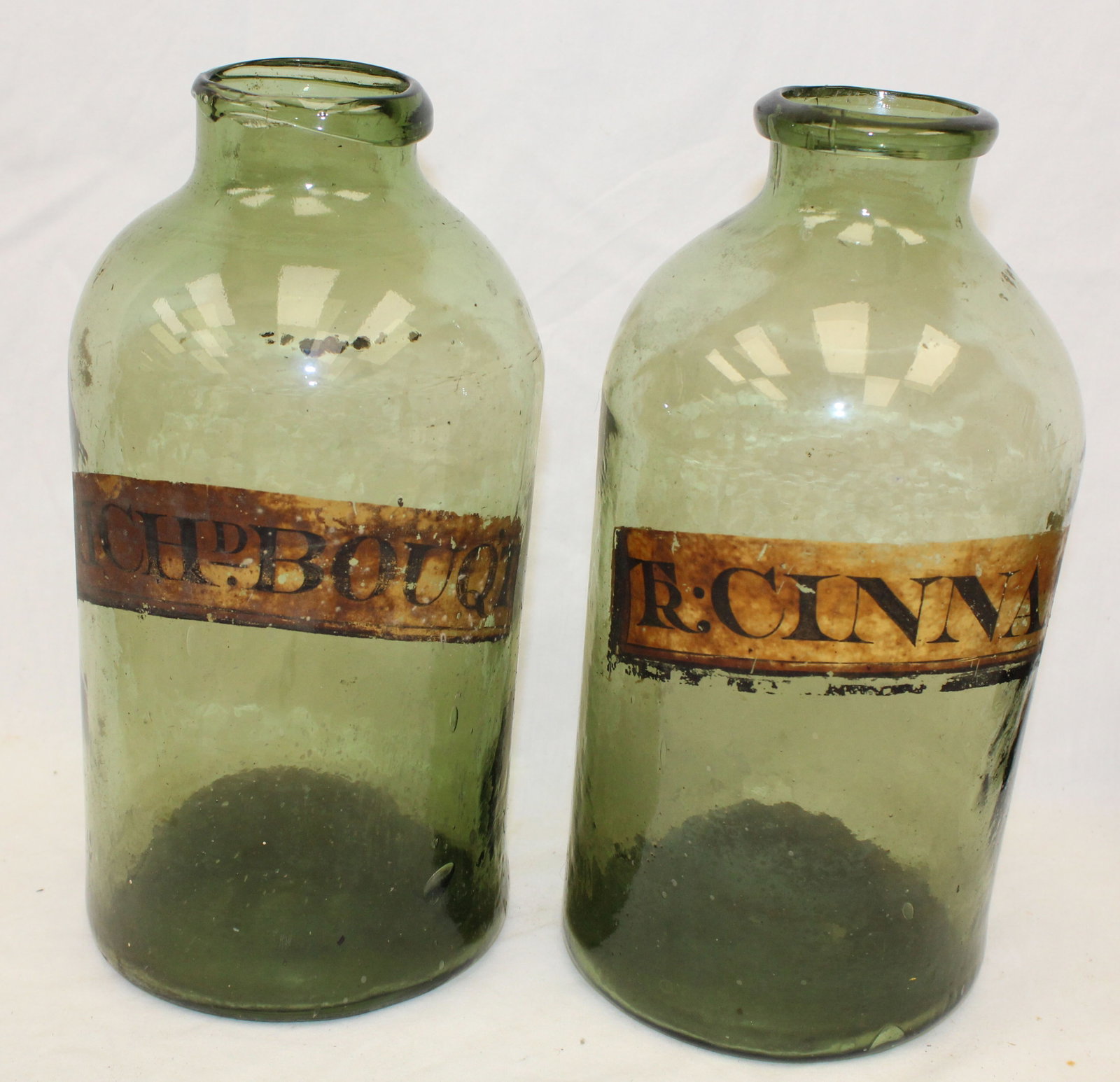 Lot of 2 early green glass apothecary jars w labels - 11 1/2" tall (1 of 12)