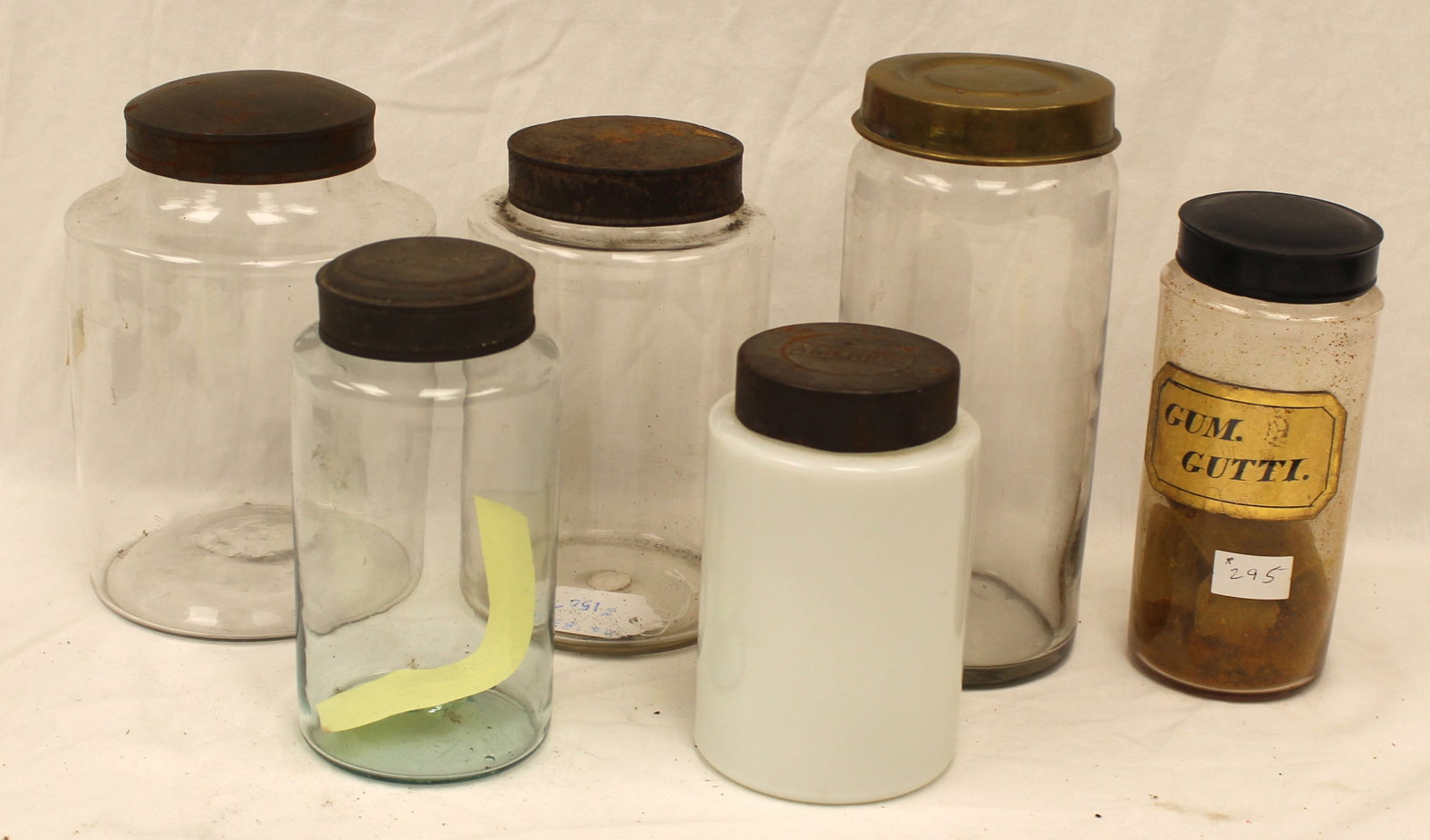 Lot of 6 antique glass apothecary jars w tin lids - (1 of 5)