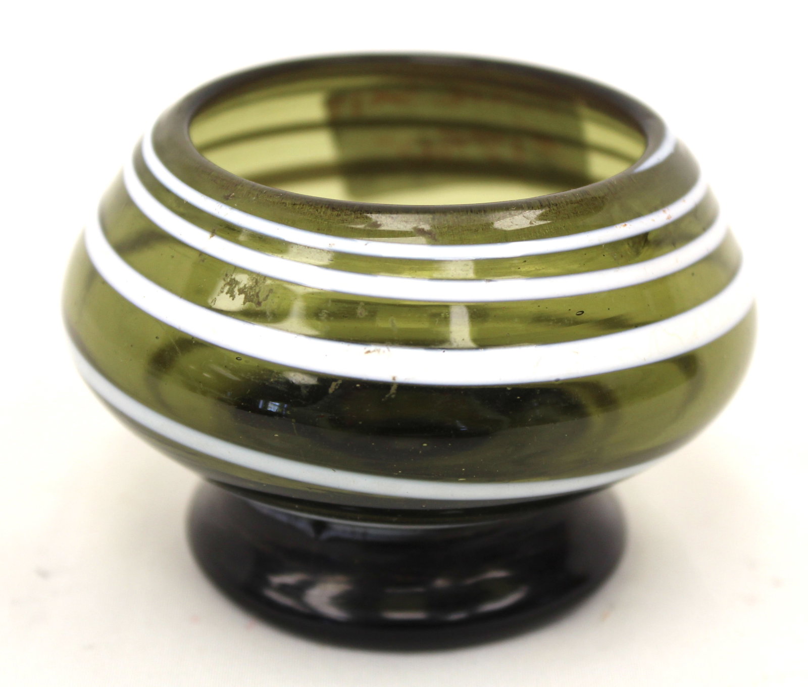 Early green & white swirl glass open salt - 2" tall x 3 1/4" diam: Early green & white swirl glass open salt - 2" tall x 3 1/4" diam