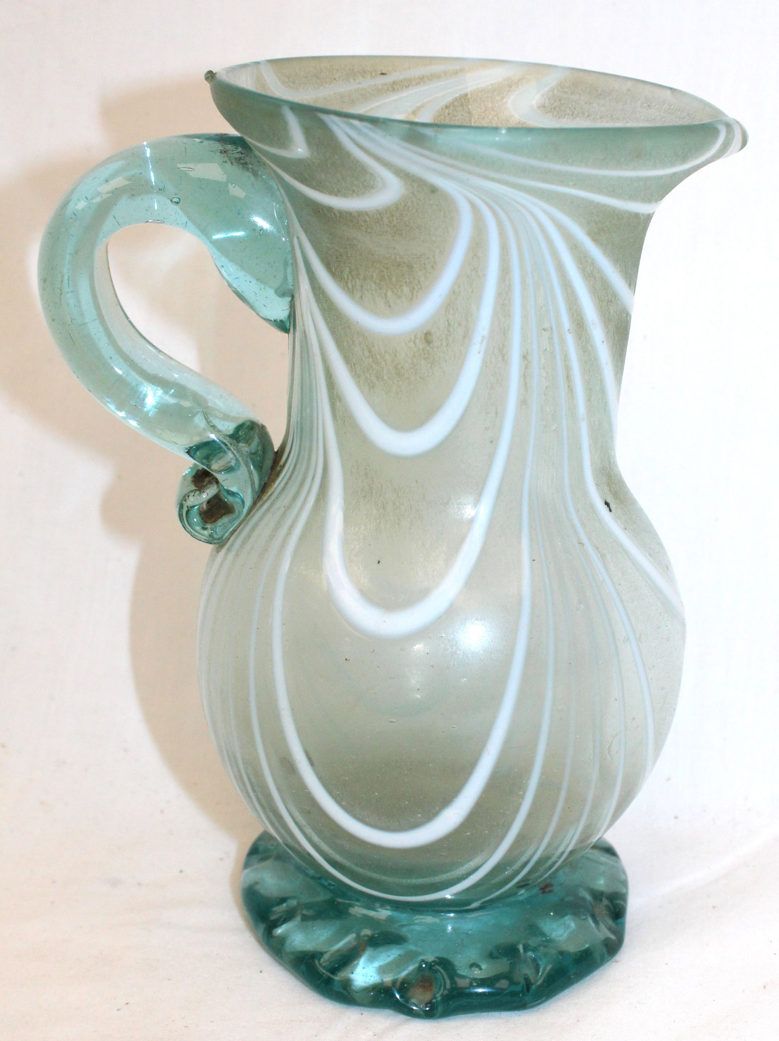Early aqua & white swirl glass pitcher - 6 1/2" tall (1 of 7)