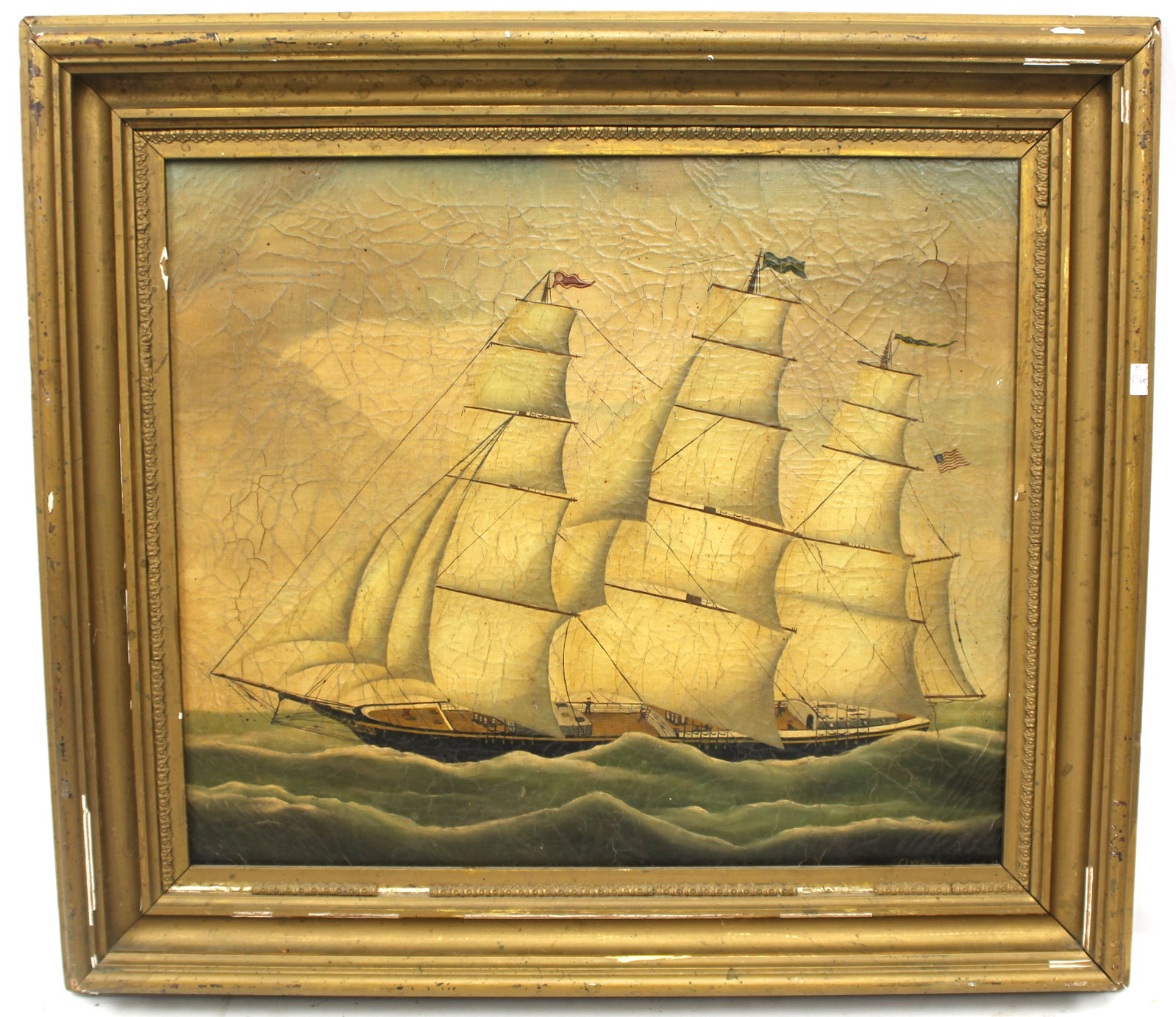 Signed Evelyn Clarkson o/c of a clipper ship w American flag - overall framed size 21 1/2"x28 (1 of 11)