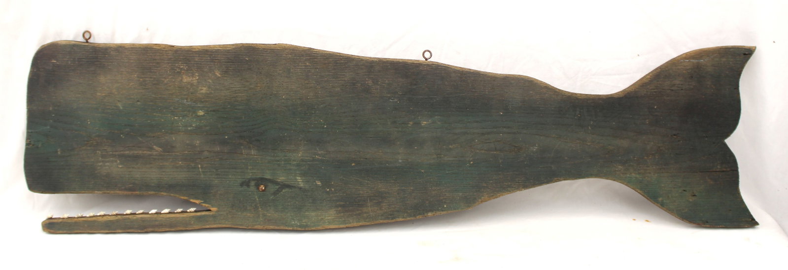 Folky wooden double sided painted whale trade sign w shell teeth in green paint - made by a (1 of 12)