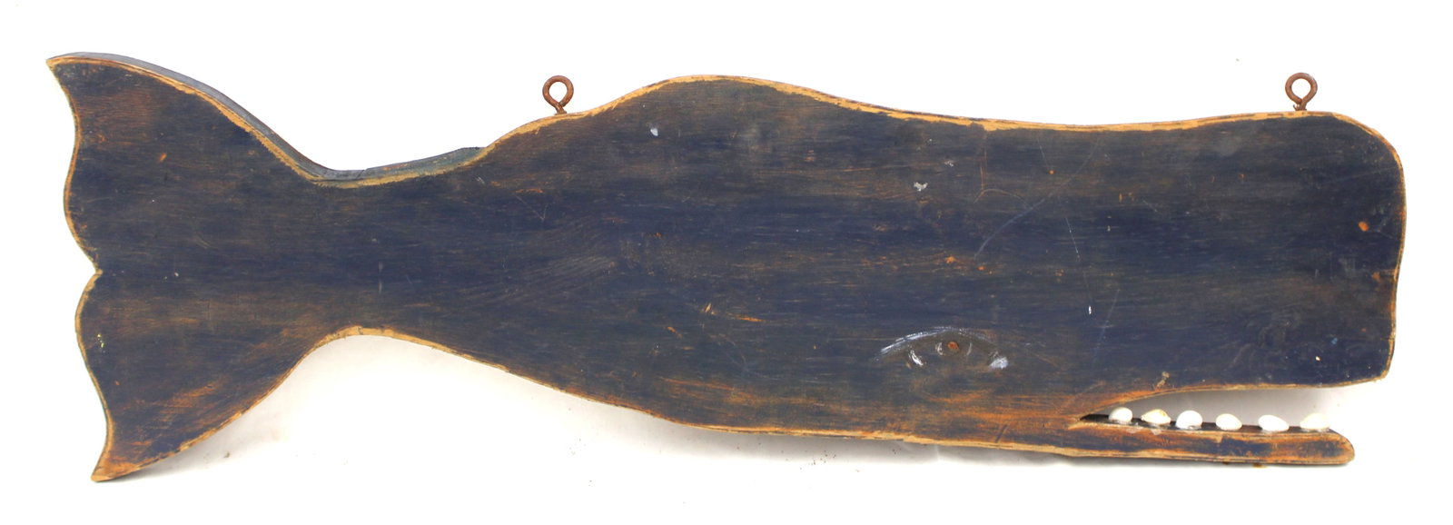 Folky wooden double sided painted whale trade sign w shell teeth in blue paint - made by a (1 of 9)