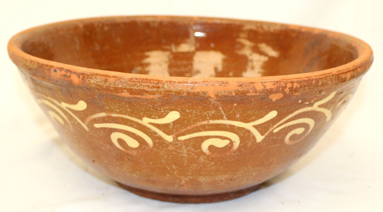 Antique redware bowl w slip decoration - 5" tall x 12 1/2" diam (1 of 7)