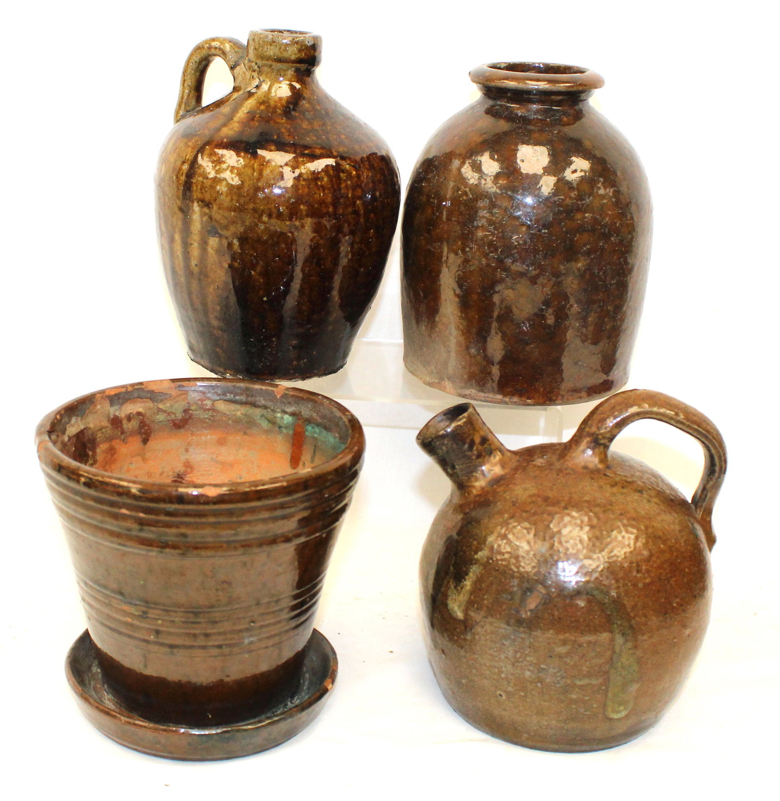 Lot of 4 antique earthenware items - jugs, jar & planter - 5 1/4" - 7" (1 of 9)
