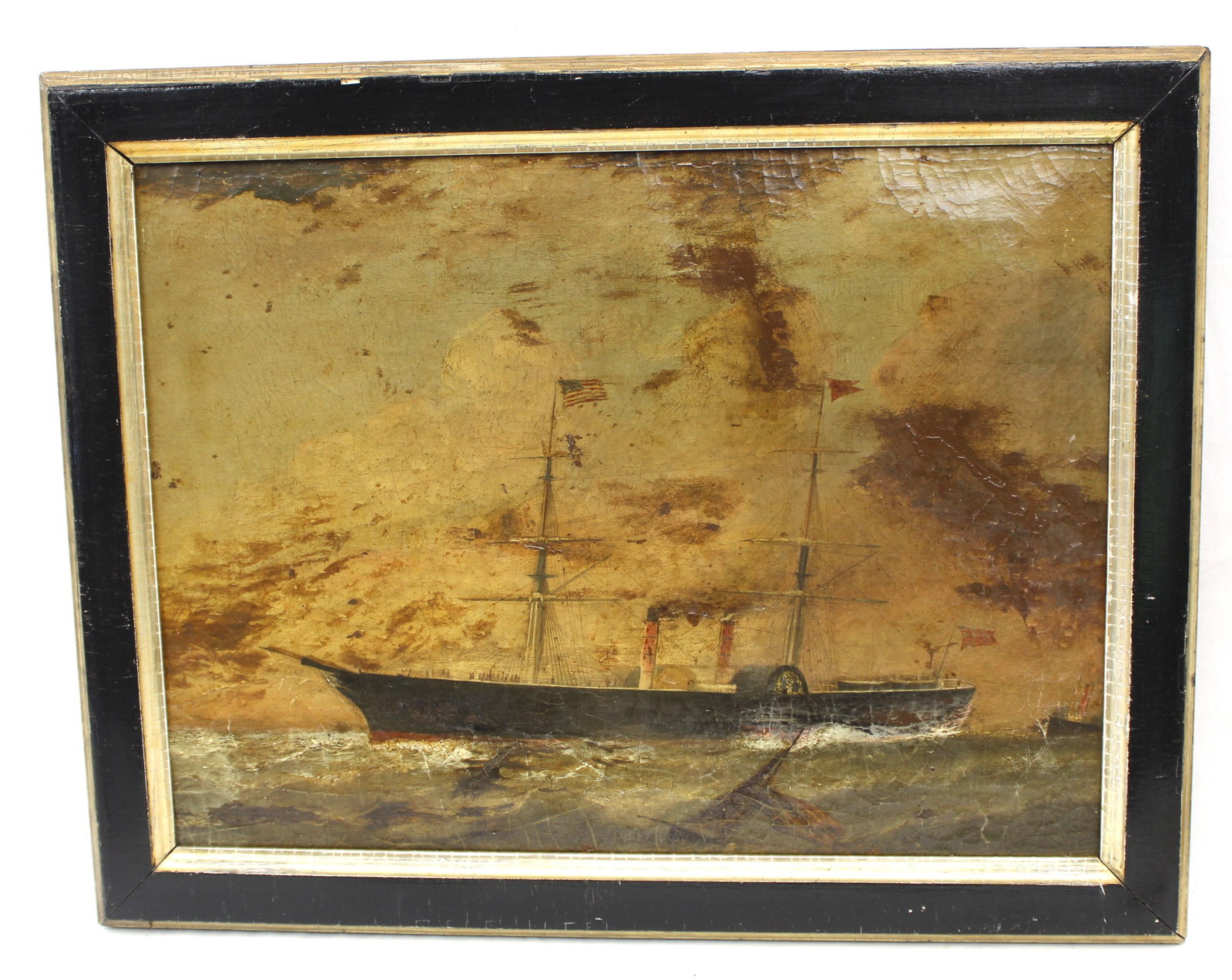 Antique o/c of a steam ship flying the American flag - overall framed size 21"x26" (1 of 14)