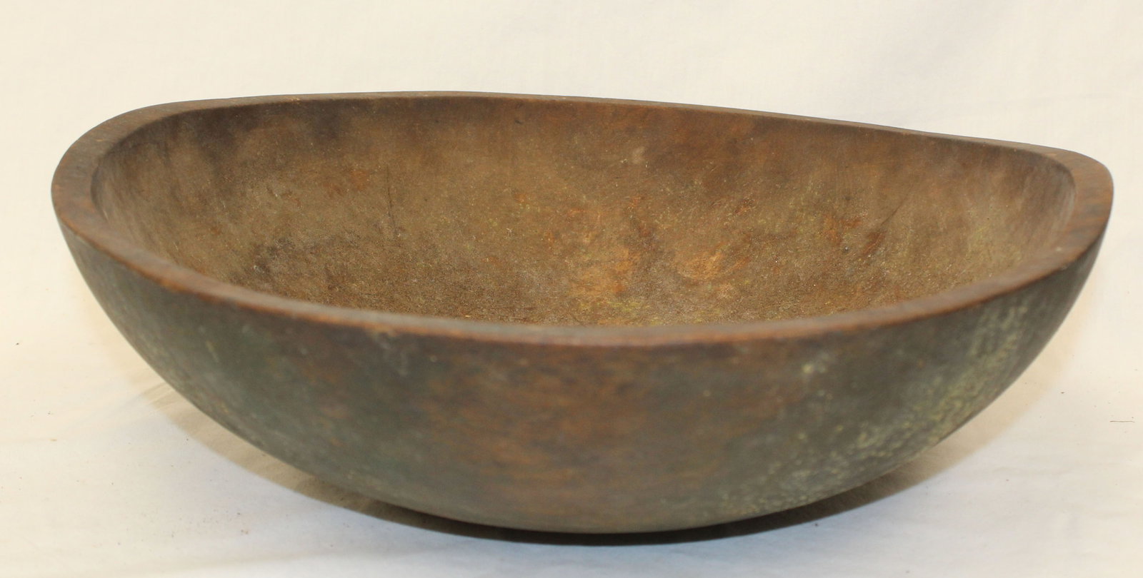 Antique wooden bowl w traces of green paint marked on bottom MF Robbins - 15" diam (1 of 5)