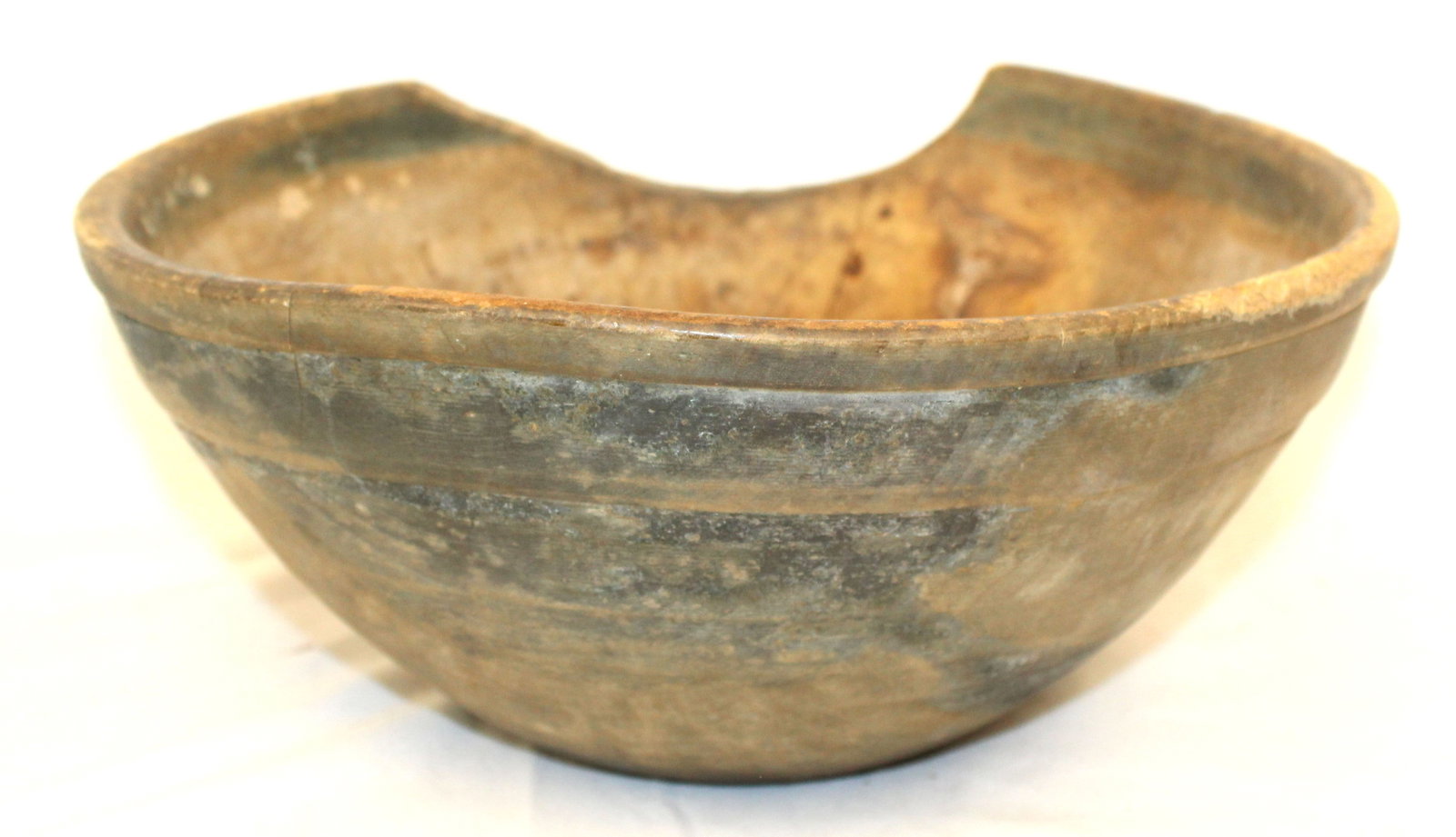 Antique deep wooden bowl w traces of blue paint & an old chip in rim - 10 3/4" diam (1 of 6)