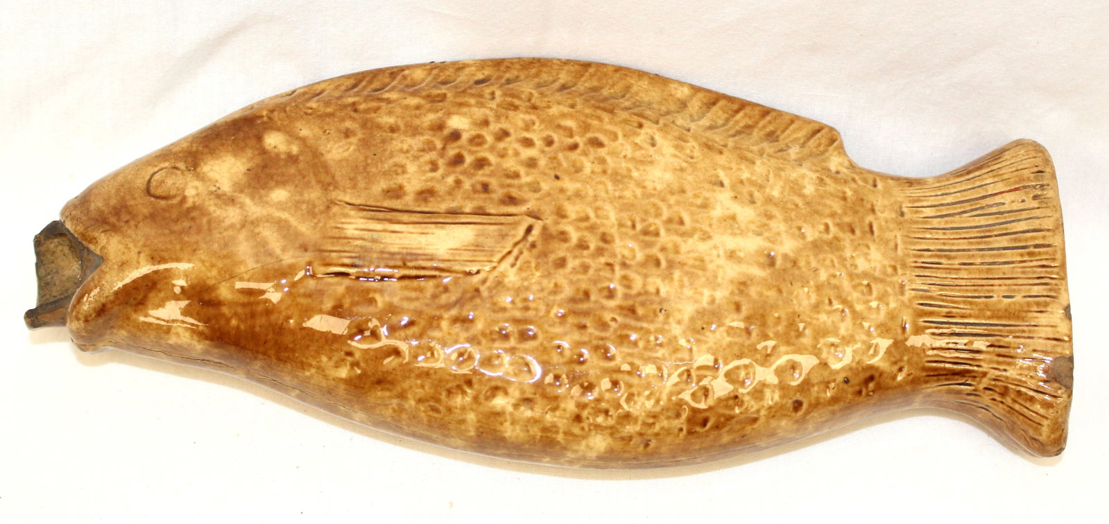 Antique earthenware fish flask - 10" tall: Antique earthenware fish flask - 10" tall