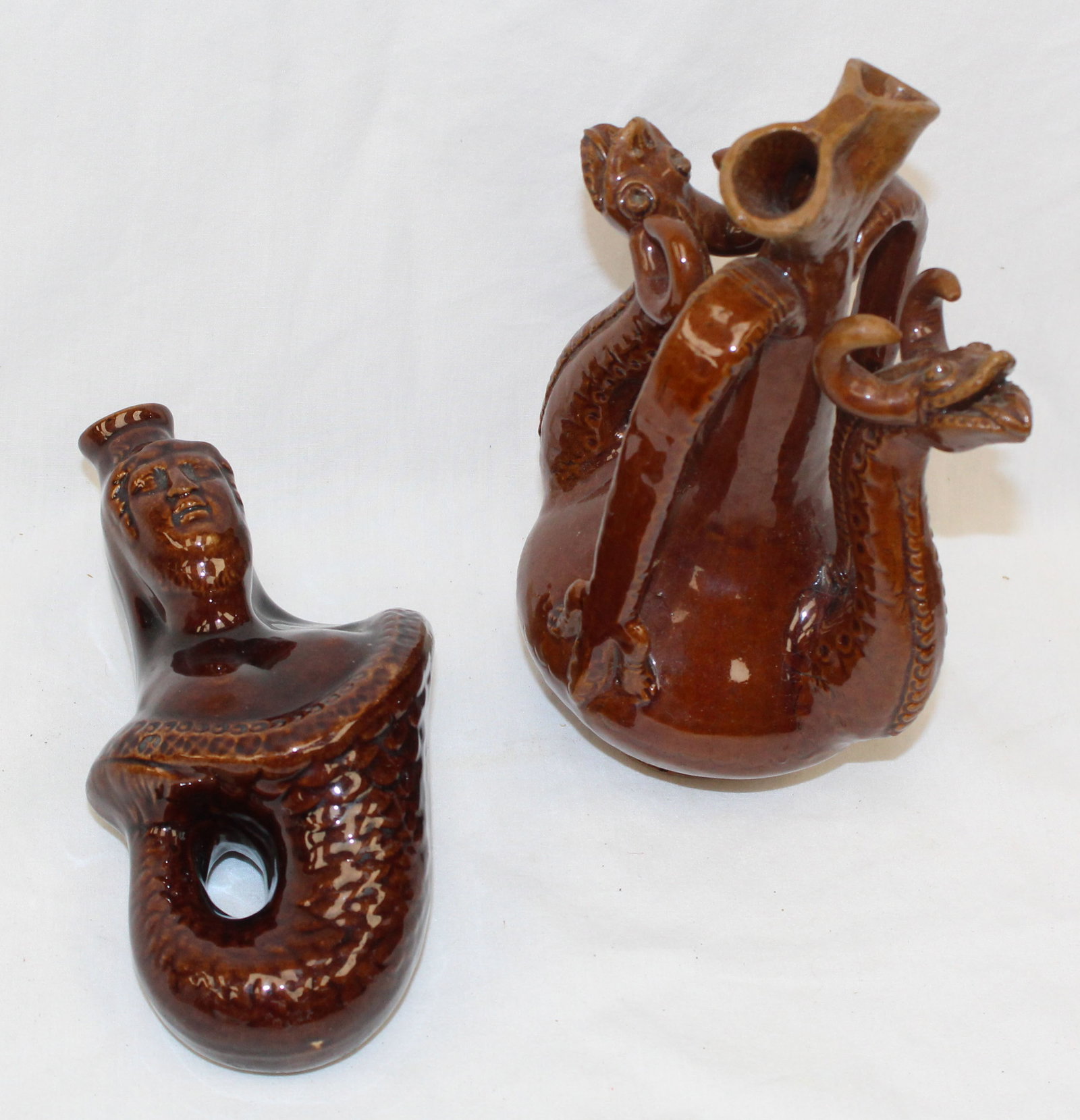 Lot of 2 whimsical Bennington items incl mermaid flask & dragon spill vase - 7 1/2" & 8 1/2" tall (1 of 10)