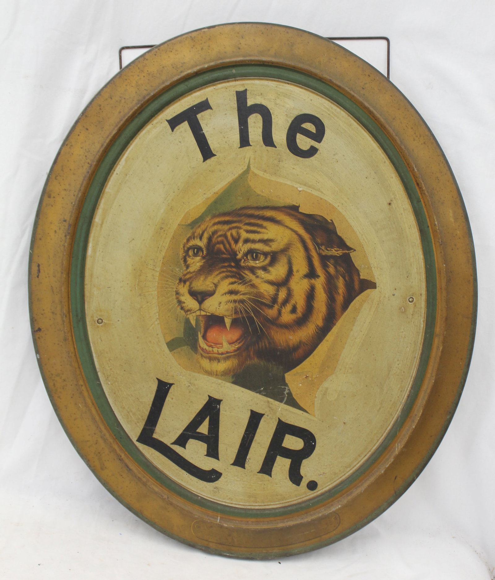 Antique sheet tin oval trade sign "The Lair" - 23 1/2"x19 1/2" (1 of 4)