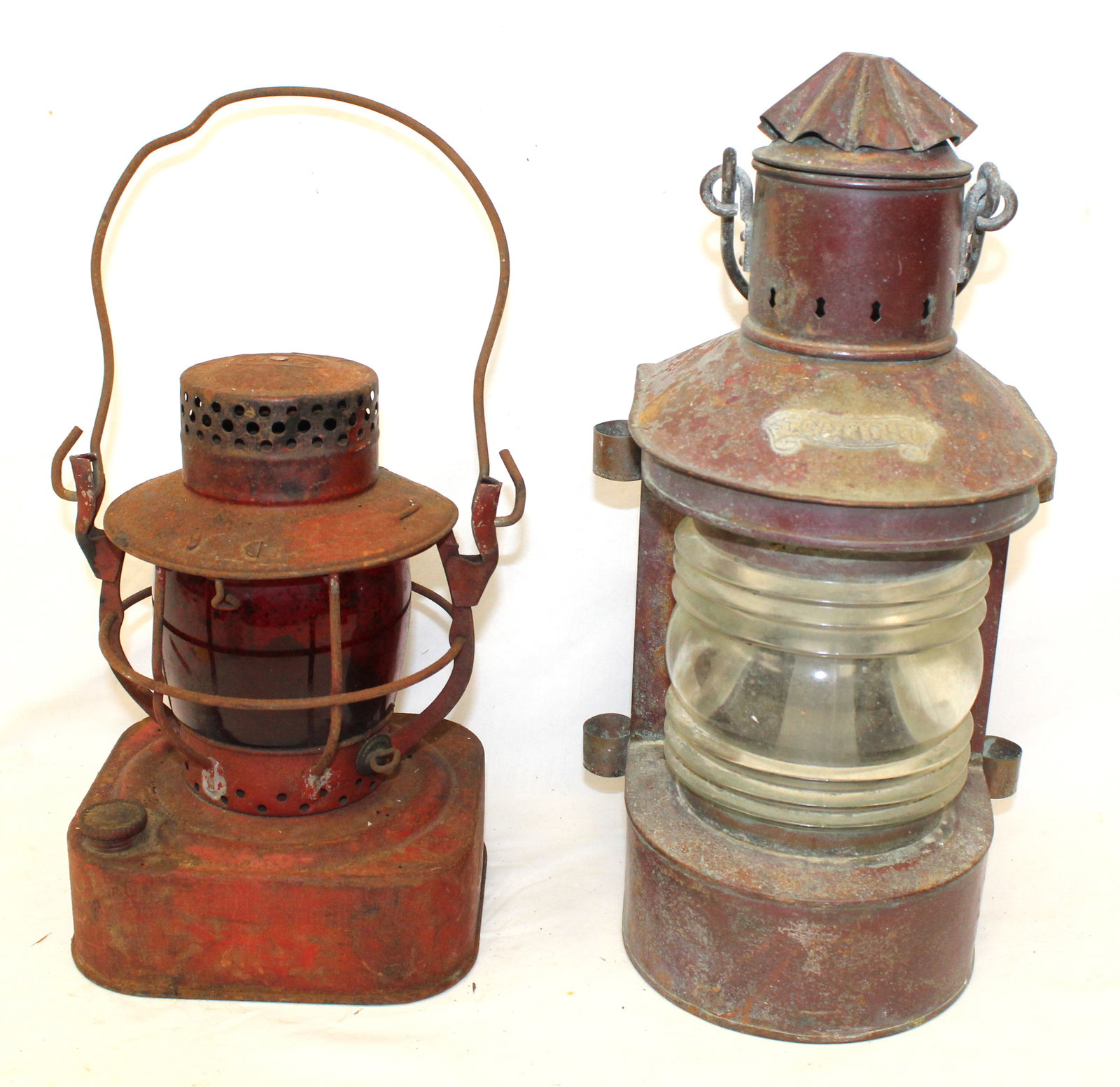 Lot of 2 antique lanterns in red paint - 1 nautical, 1 railroad - 9 1/2" & 15" tall (1 of 7)