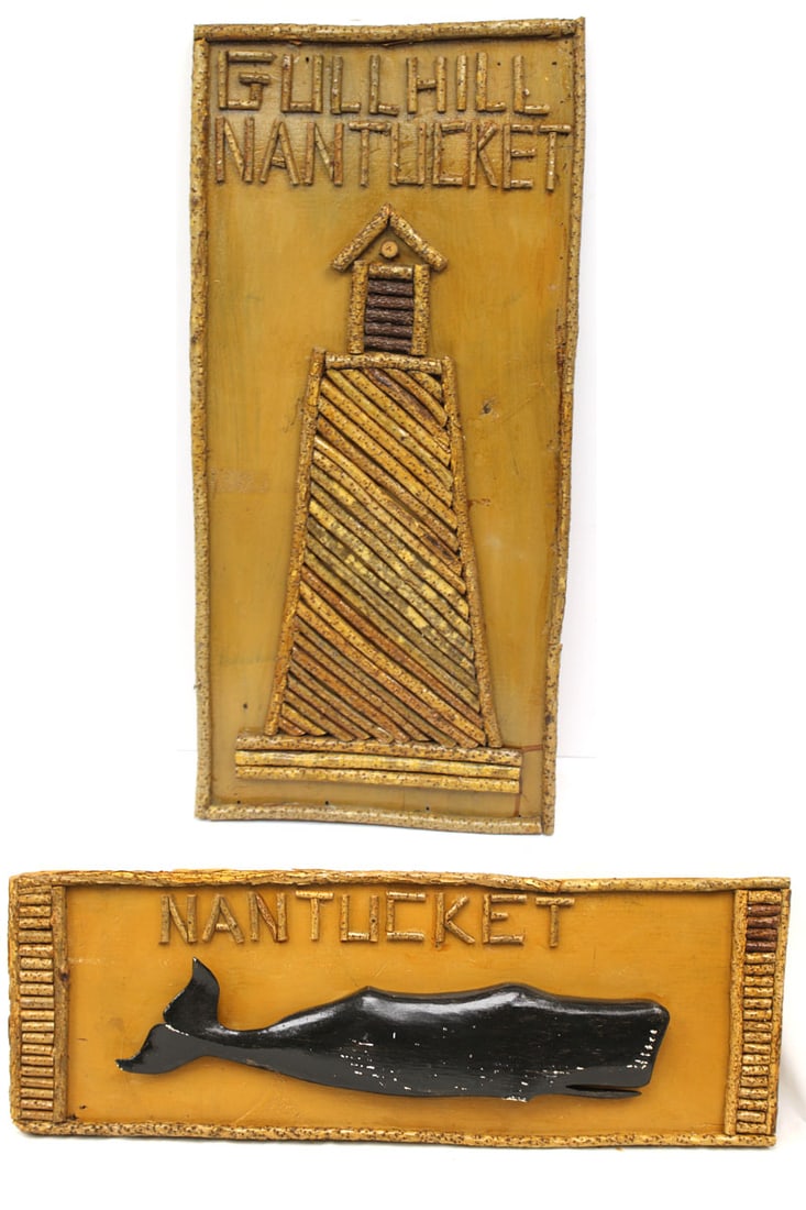 Lot of 2 vintage folky nautical themed Nantucket signs featuring a lighthouse & a whale - 30"x14" & (1 of 11)