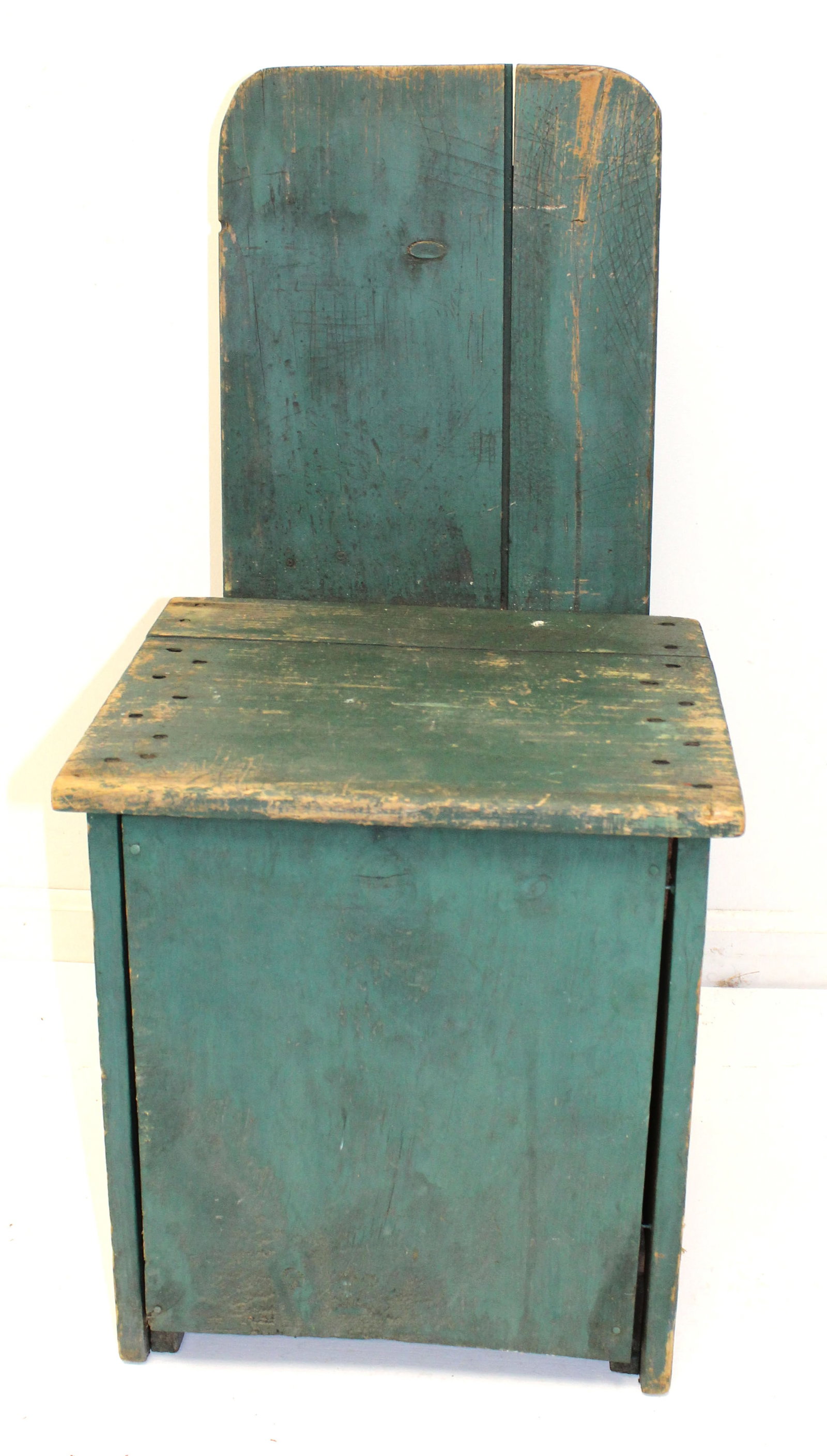 Antique wooden painted plank back chair/stool in blue/green paint - 33 1/2" tall x 16 1/2"x15" (1 of 6)