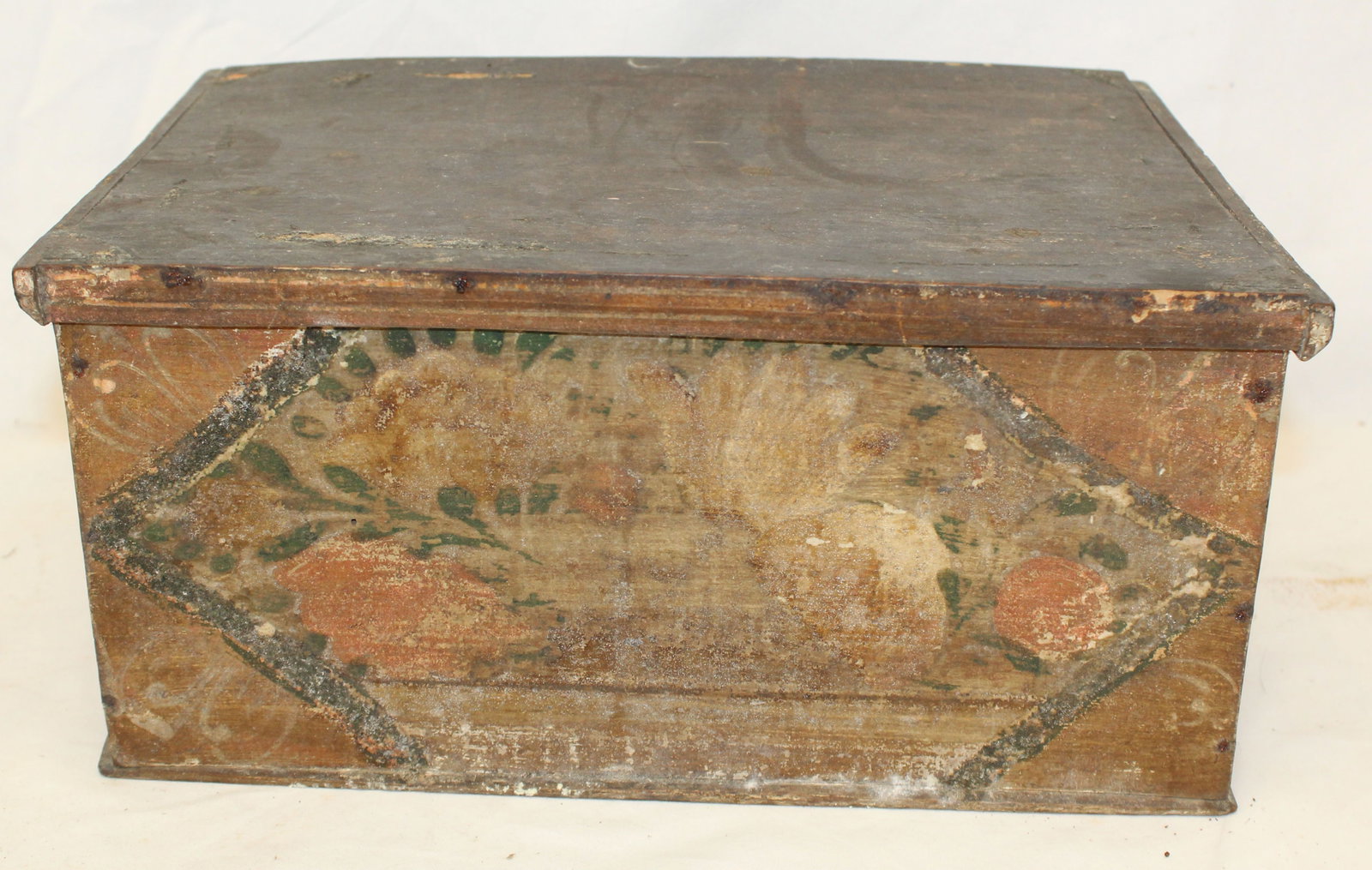 Antique diminutive paint decorated storage/valuables box w pintil hinges - 5 1/2"x12"x9" (1 of 9)