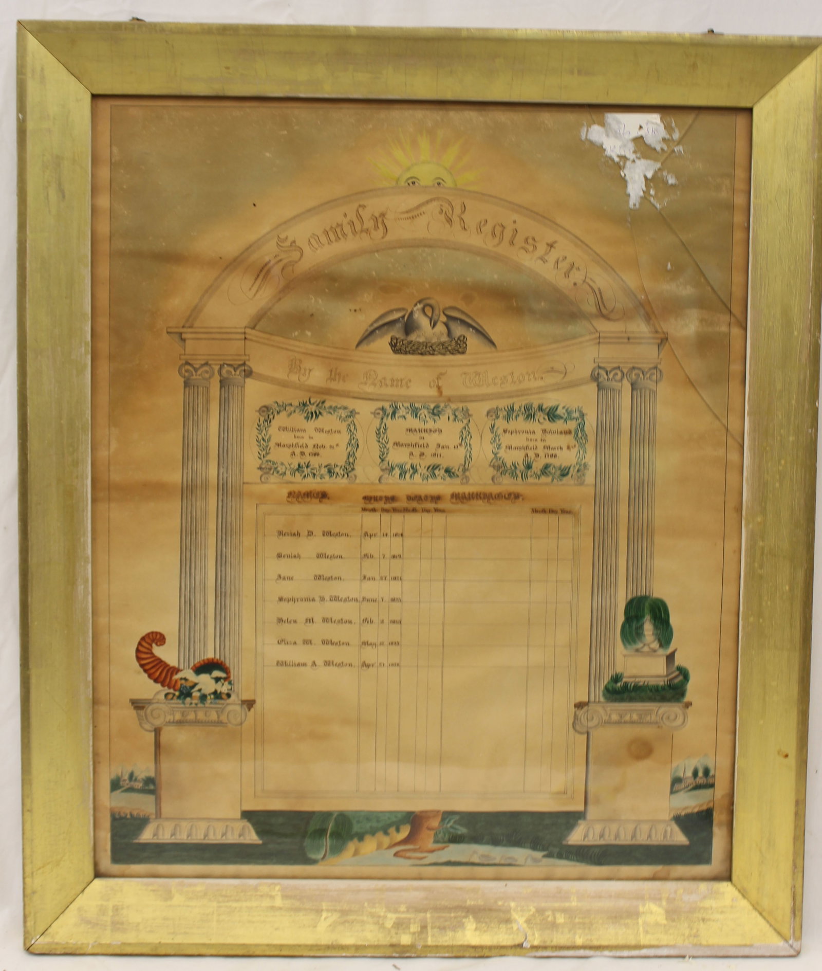 Early 19thC w/c Family Register of William & Sophronia Weston and their 7 children of Marshfield, MA