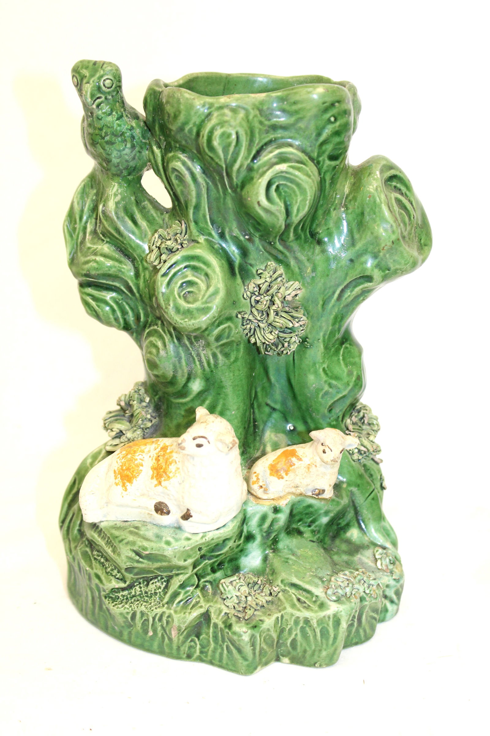 Antique Staffordshire spill vase in tree trunk form w owl & sheep - 8" tall (1 of 9)