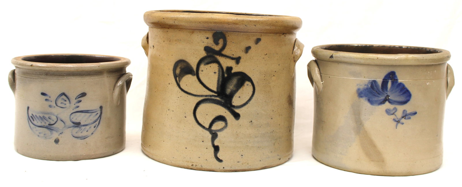 Lot of 3 antique stoneware crocks w cobalt dec - 5 3/4" tall x 7" diam, 9" tall x 10" diam & 7" tall (1 of 10)