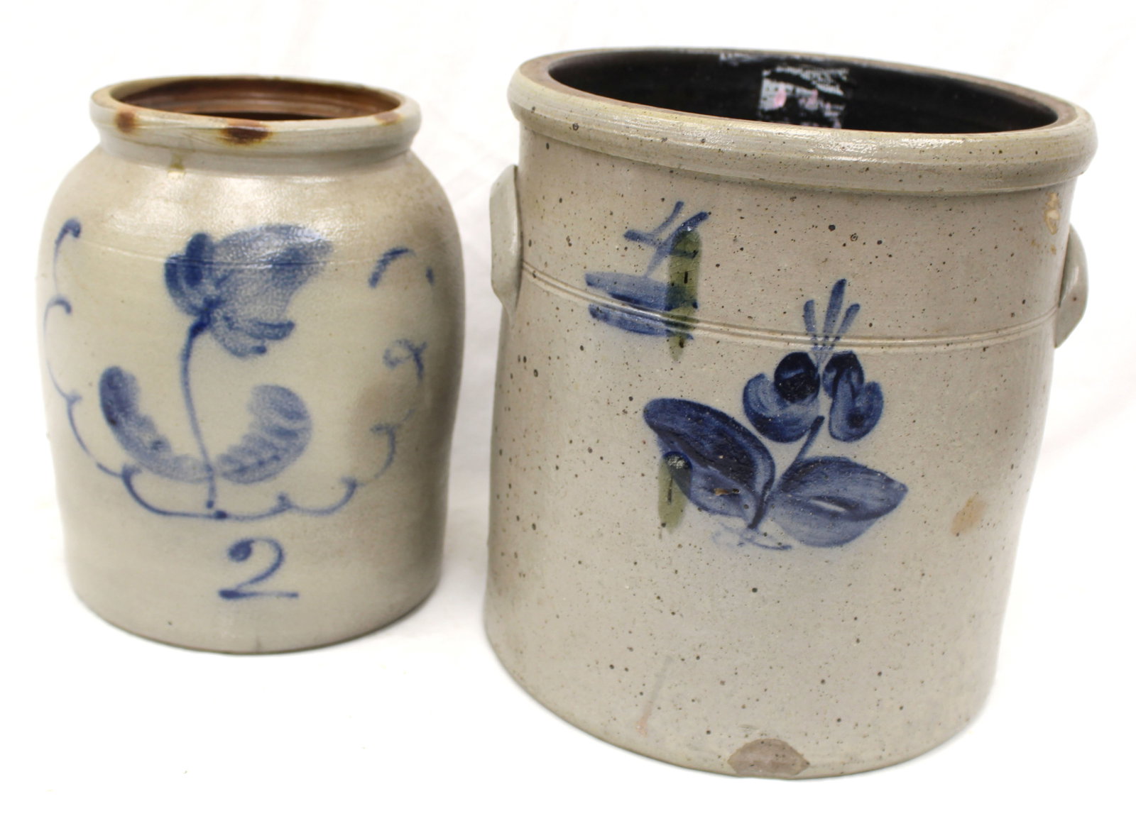 Lot of 2 antique stoneware crocks w cobalt dec - 10 1/2" tall & 11 1/2" tall x 12" diam (1 of 8)