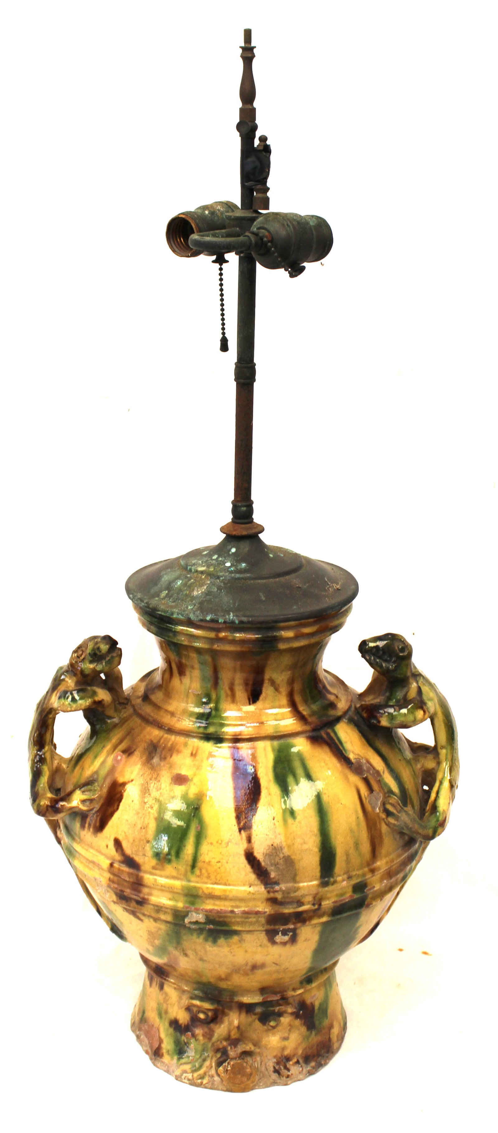 Antique earthenware lamp w lizard handles & face on base - 31" tall (1 of 7)