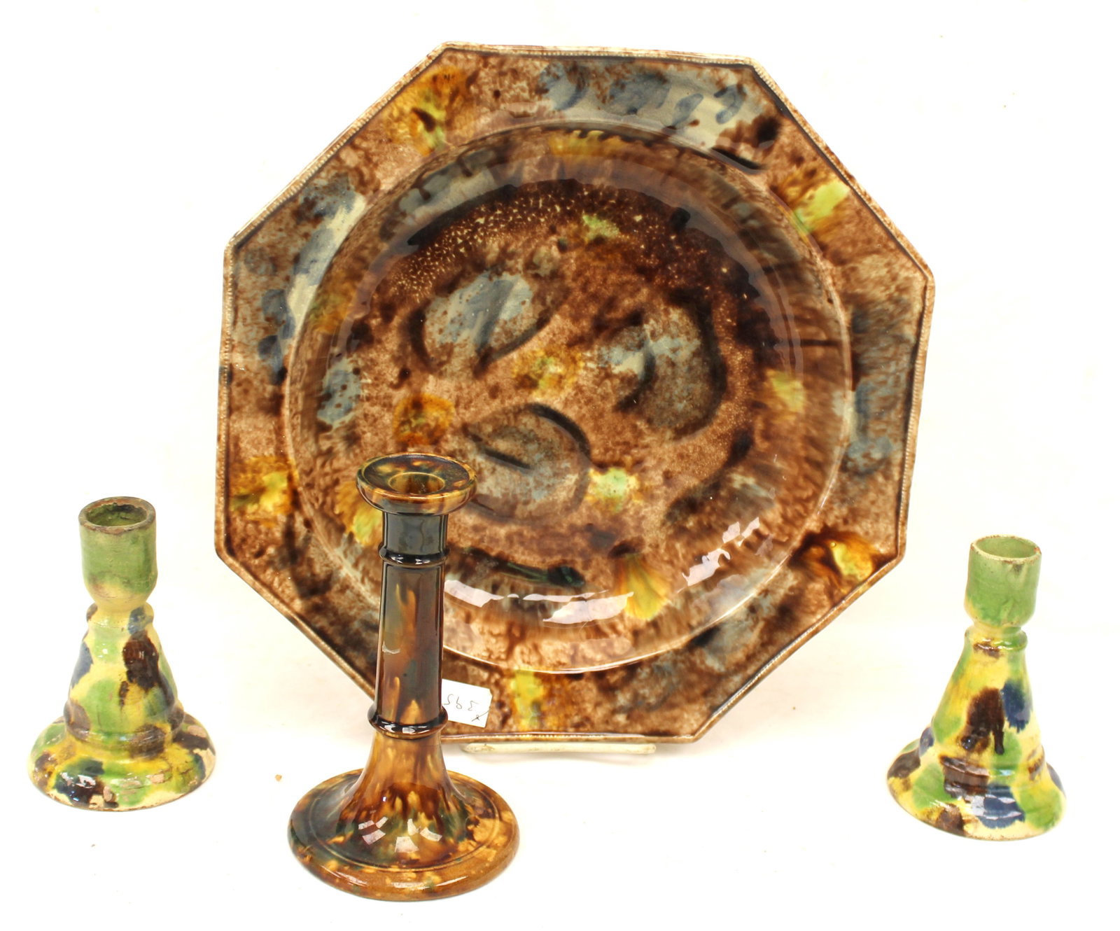 Vintage/antique earthenware lot incl charger & 3 candlesticks - 5 1/2" tall, 7" tall & 13 1/4" diam (1 of 8)