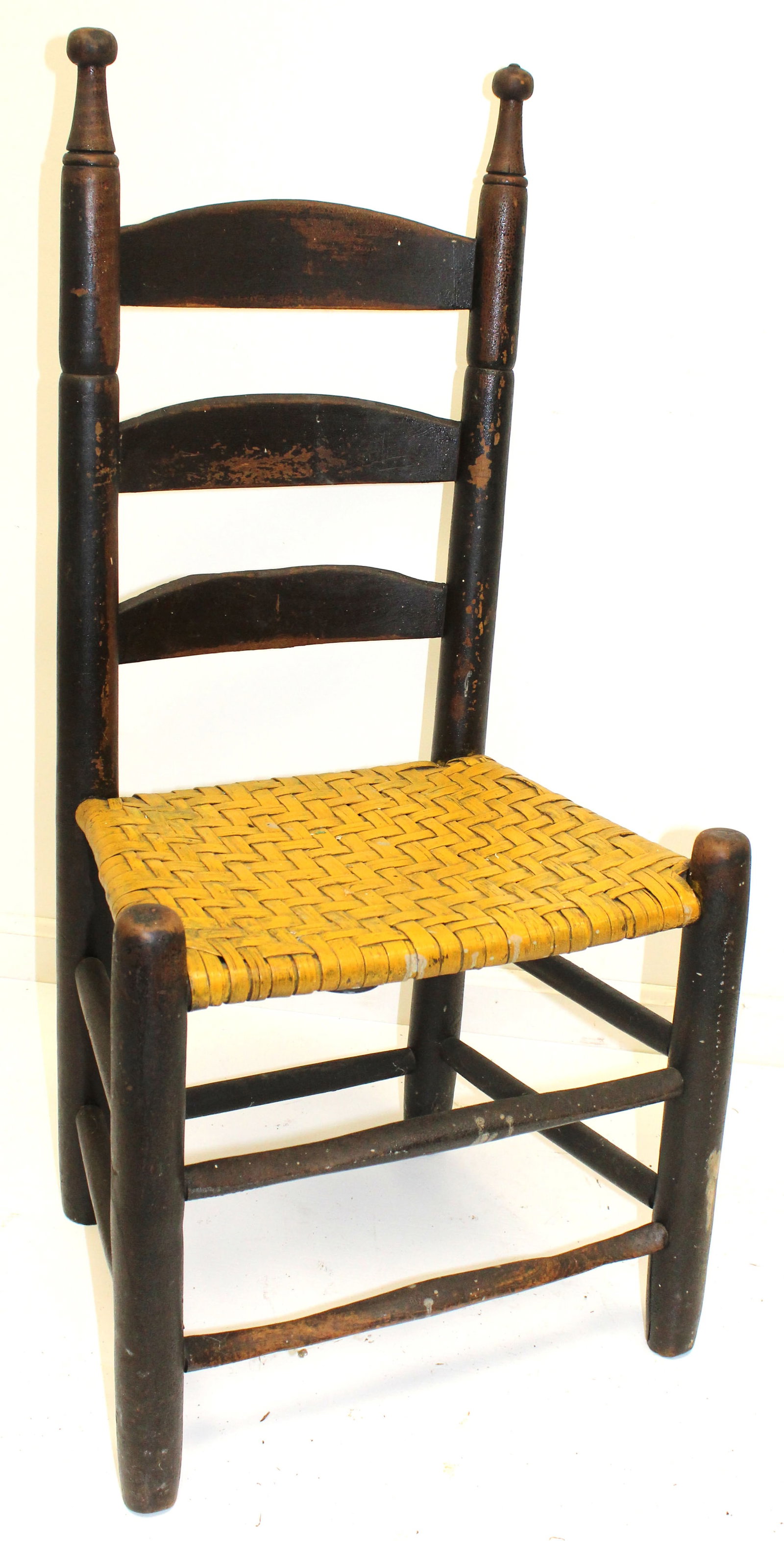 Antique 3 slat ladderback chair in black paint w painted chrome yellow splint seat - 37" tall w 16" (1 of 7)