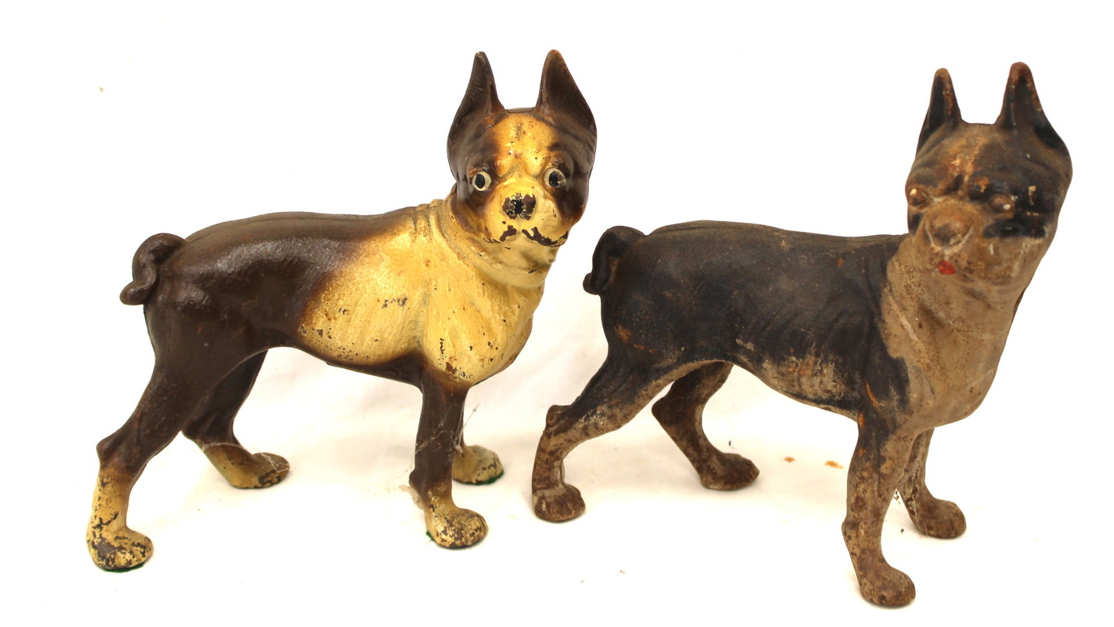 Lot of 2 antique cast iron painted Boston Terriers - 9" tall x 9" long: Lot of 2 antique cast iron painted Boston Terriers - 9" tall x 9" long