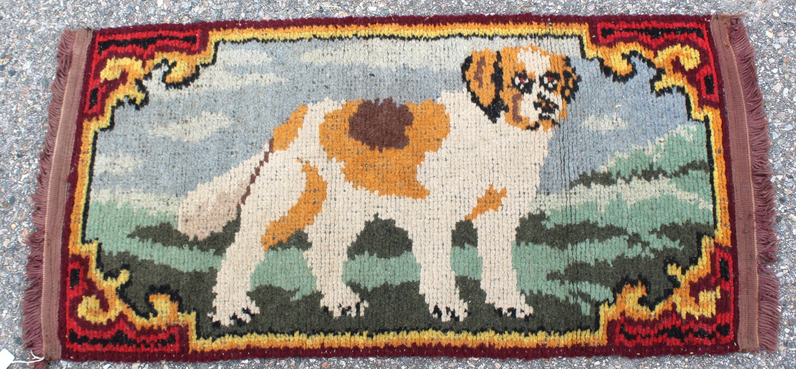 Vintage hooked rug w St. Bernard dog motif - 20 1/2"x42" (1 of 6)