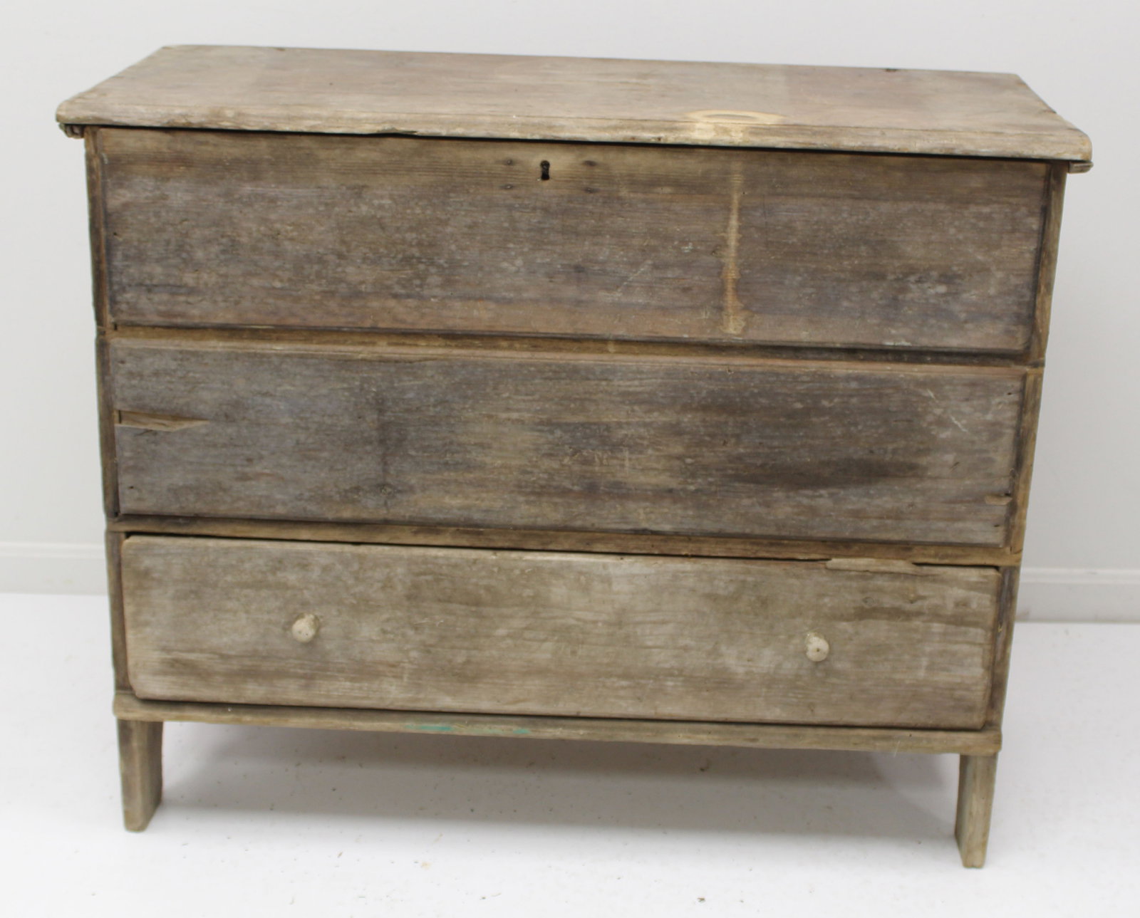 Early 2 drawer blanket chest w bootjack ends in old surface w traces of green paint - 31" tall x (1 of 14)