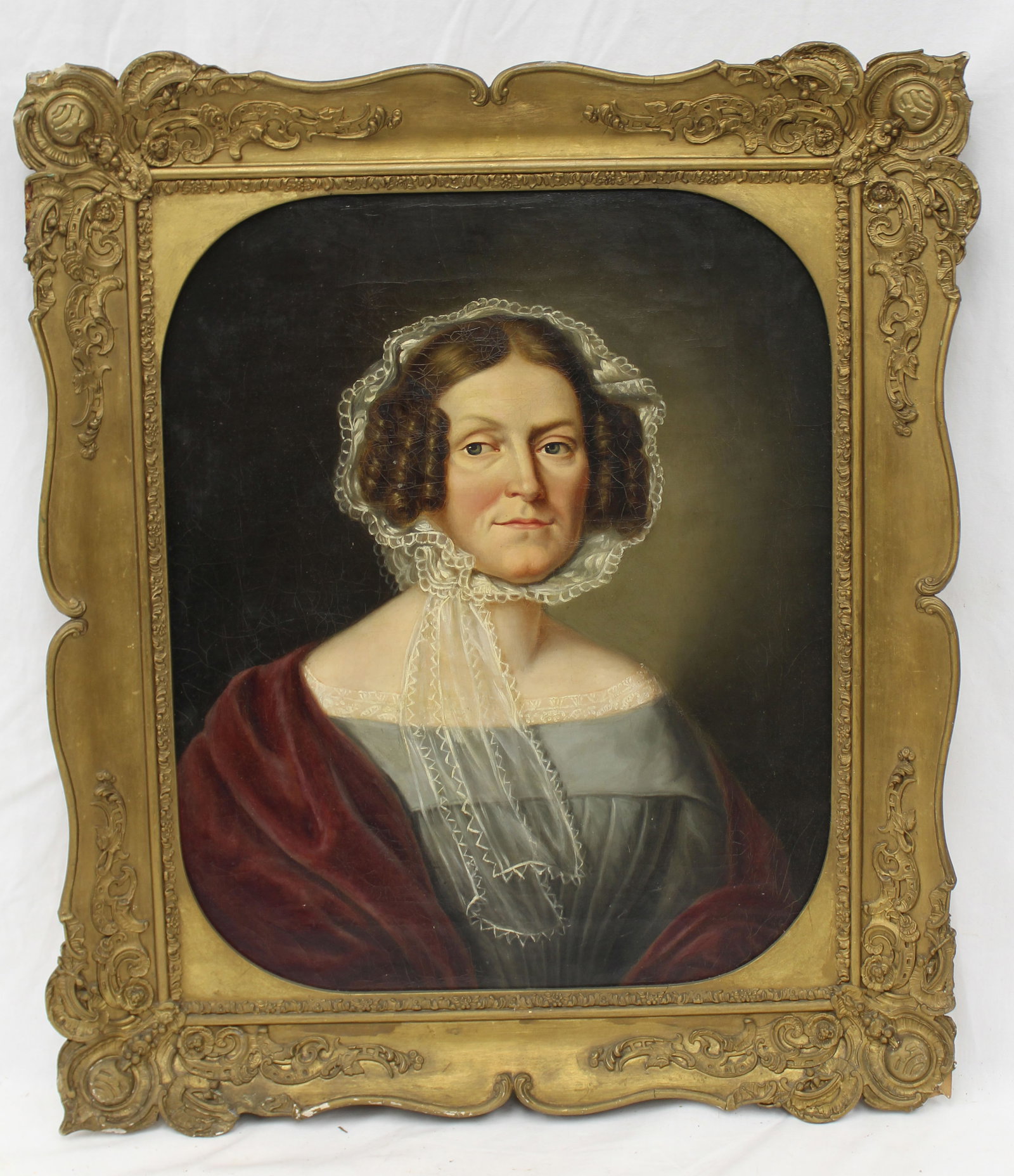 Antique o/c portrait of a woman in lace bonnet - overall framed size 24 1/2"x21" (1 of 8)