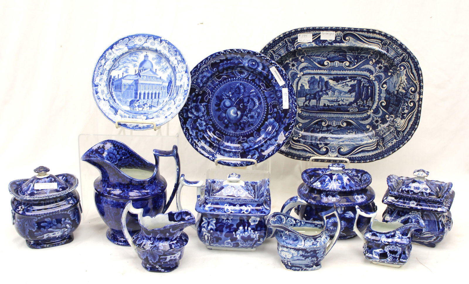 Large lot of antique blue & white Staffordshire incl platter, plates, teapot, sugars & creamers in (1 of 8)