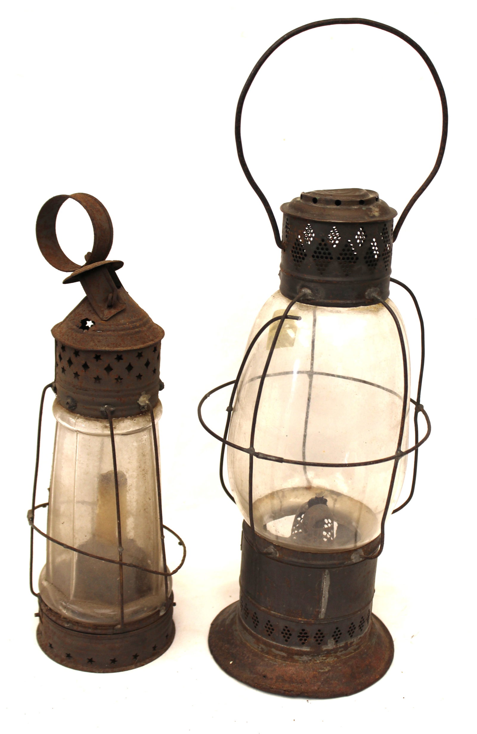 Lot of 2 antique tin & glass lanterns - 13" & 14" tall (1 of 6)