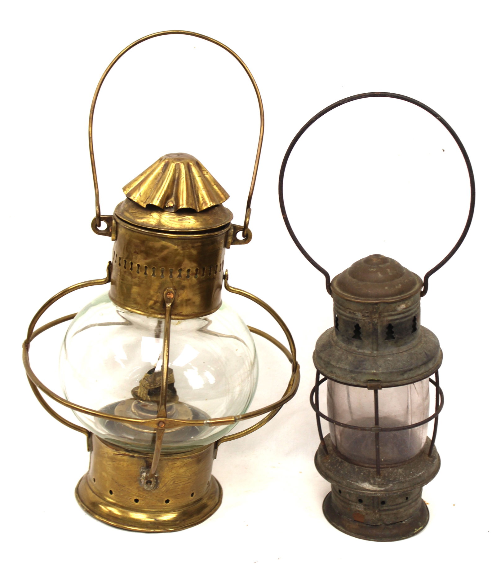 Lot of 2 antique brass, tin & glass lanterns (1 of 5)