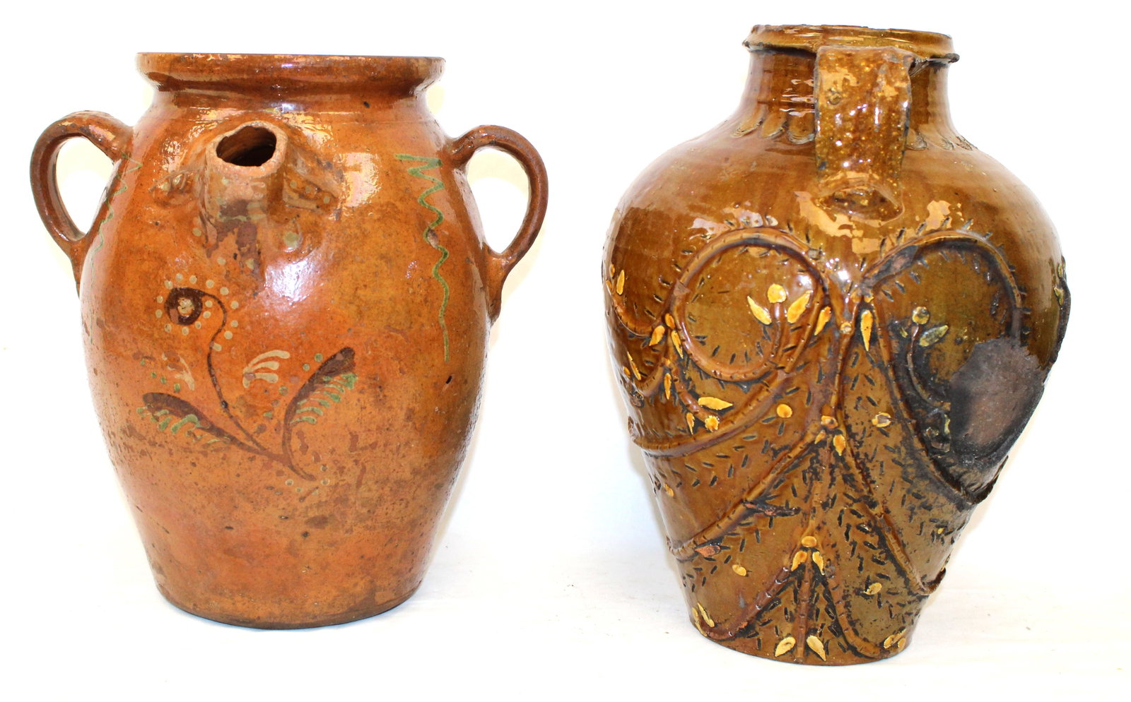 Lot of 2 antique redware decorated jug & jar - 12 1/2" & 14" tall (1 of 16)
