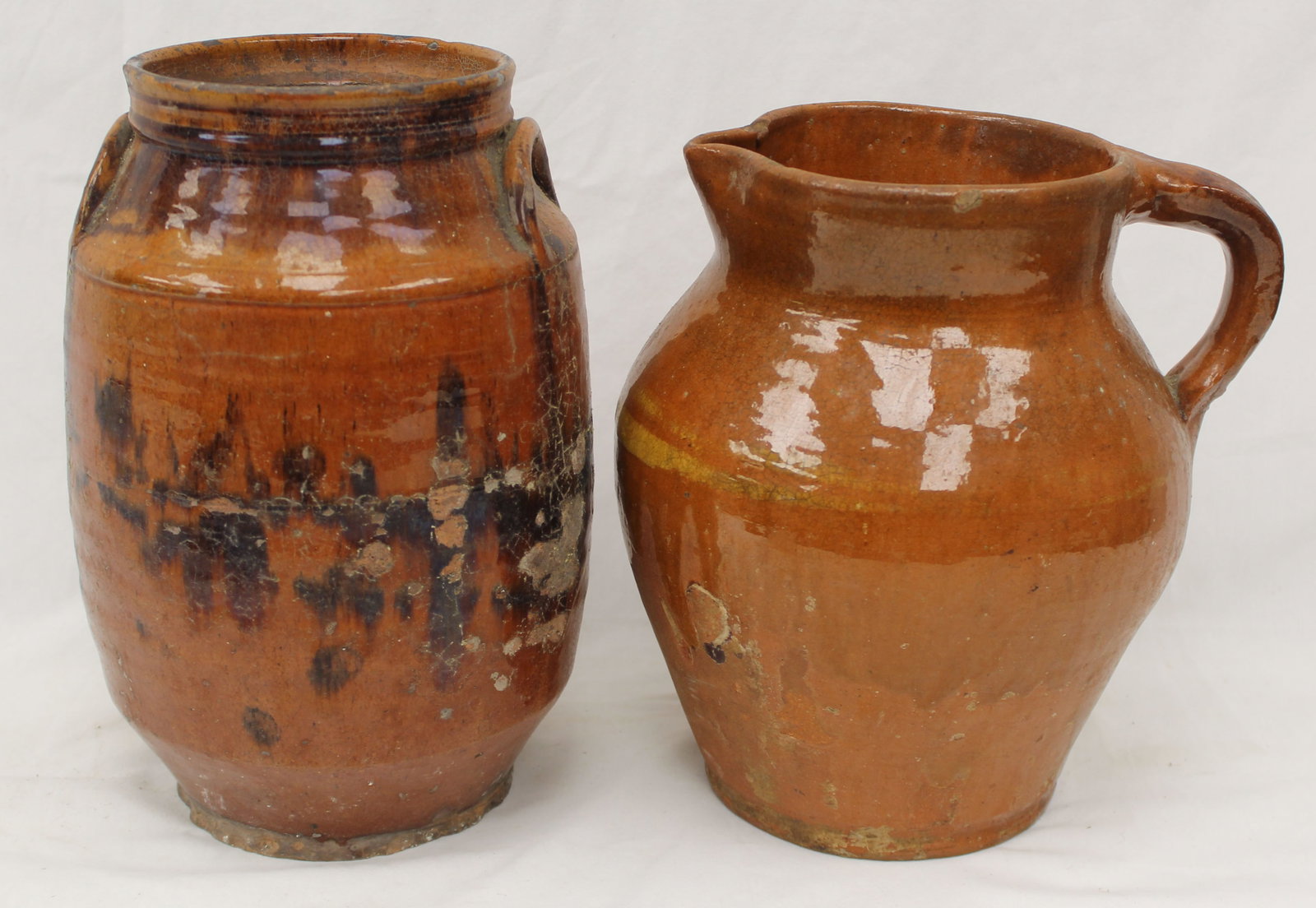 Lot of 2 antique redware items incl jar & jug - 11 1/2" & 10 3/4" tall (1 of 8)