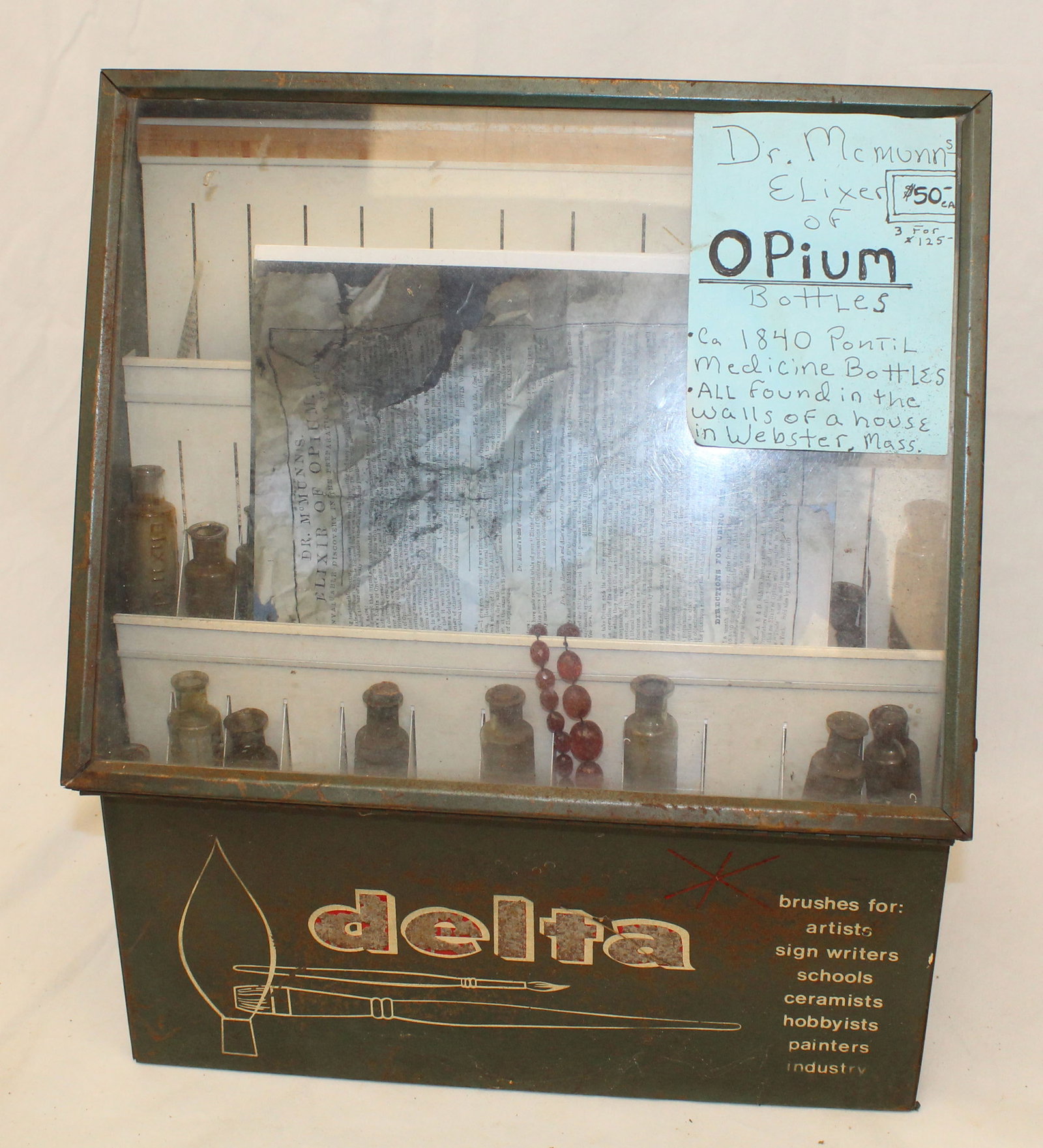 Vintage tin painted & glass display case for Delta paint brushes - Matt had filled it with small (1 of 6)