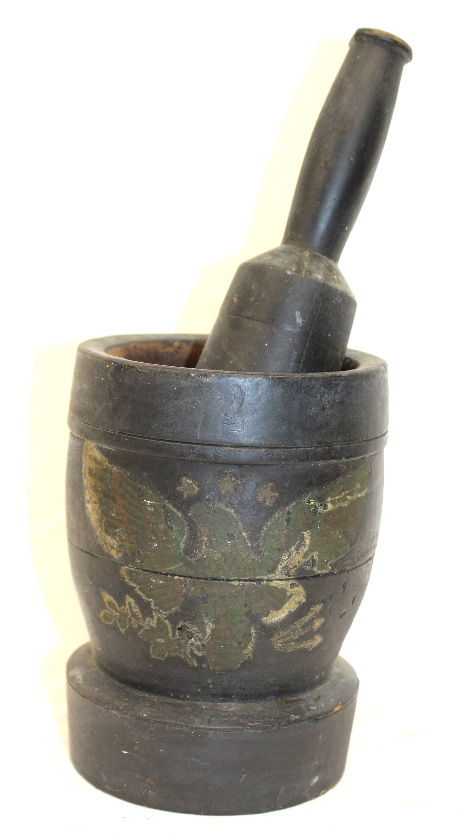 Antique mortar & pestle in black paint w eagle paint decoration - 6 3/4" tall mortar (1 of 6)