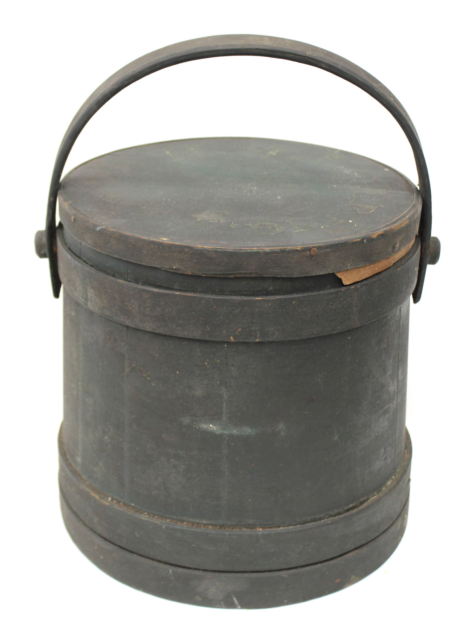 Antique wooden firkin bucket w bail handle in dark green/black paint - 11" tall x 10" diam (1 of 6)