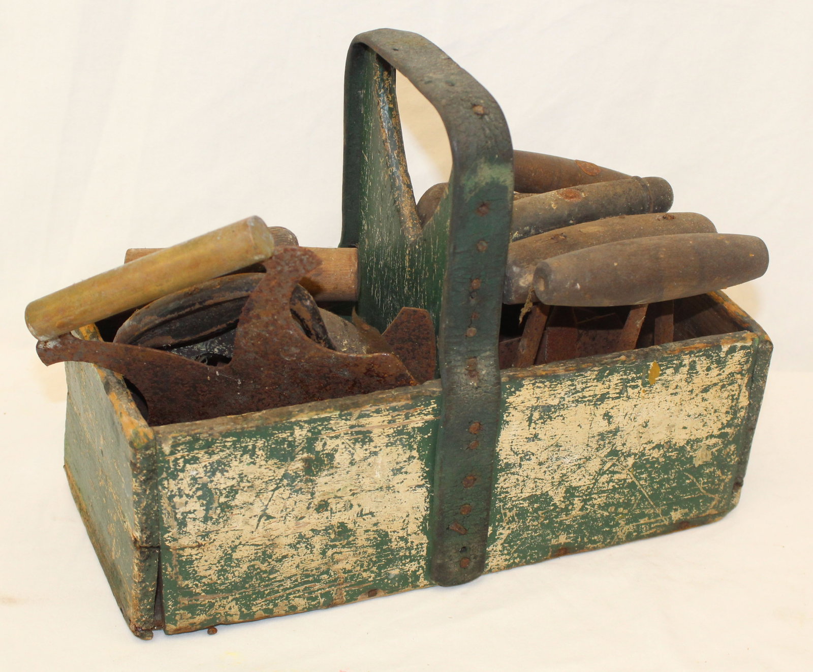 Antique wooden utility carrier w iron strapped handle in green paint - filled with antique choppers (1 of 4)
