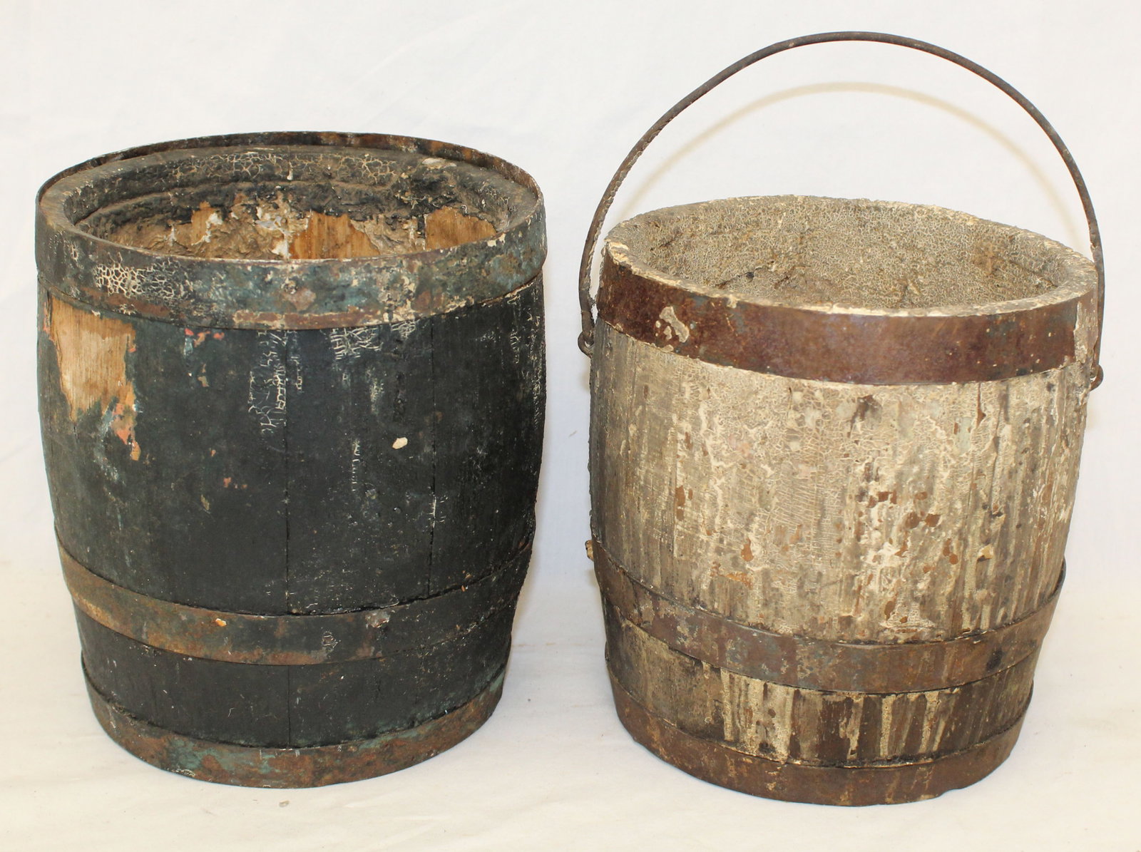 Lot of 2 antique wooden iron banded paint buckets in black & white paint - 7" tall x 6 1/2" diam & 7 (1 of 5)