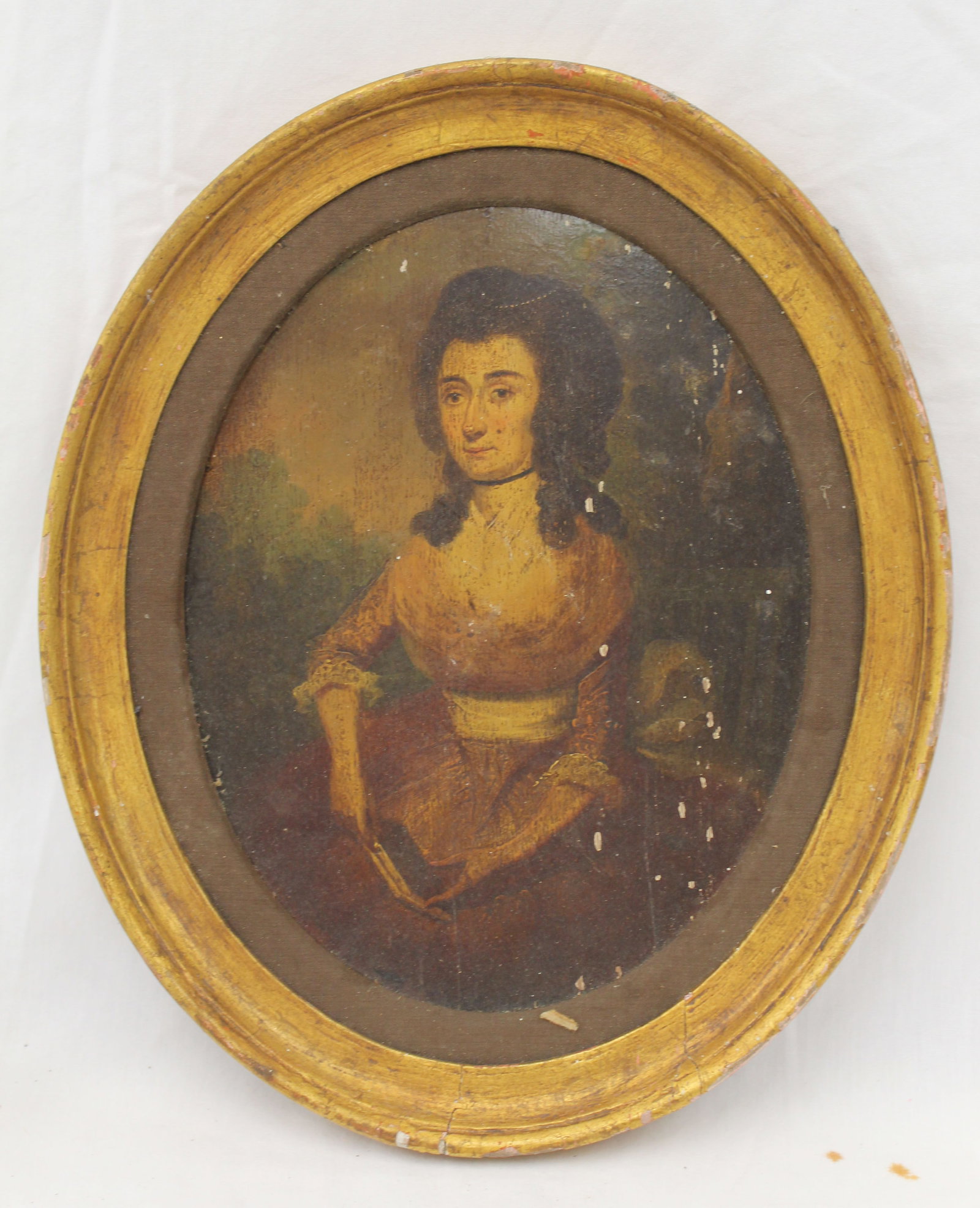 Antique oval o/bd portrait of a woman in fancy dress clothes - overall framed size 14"x12" (1 of 6)