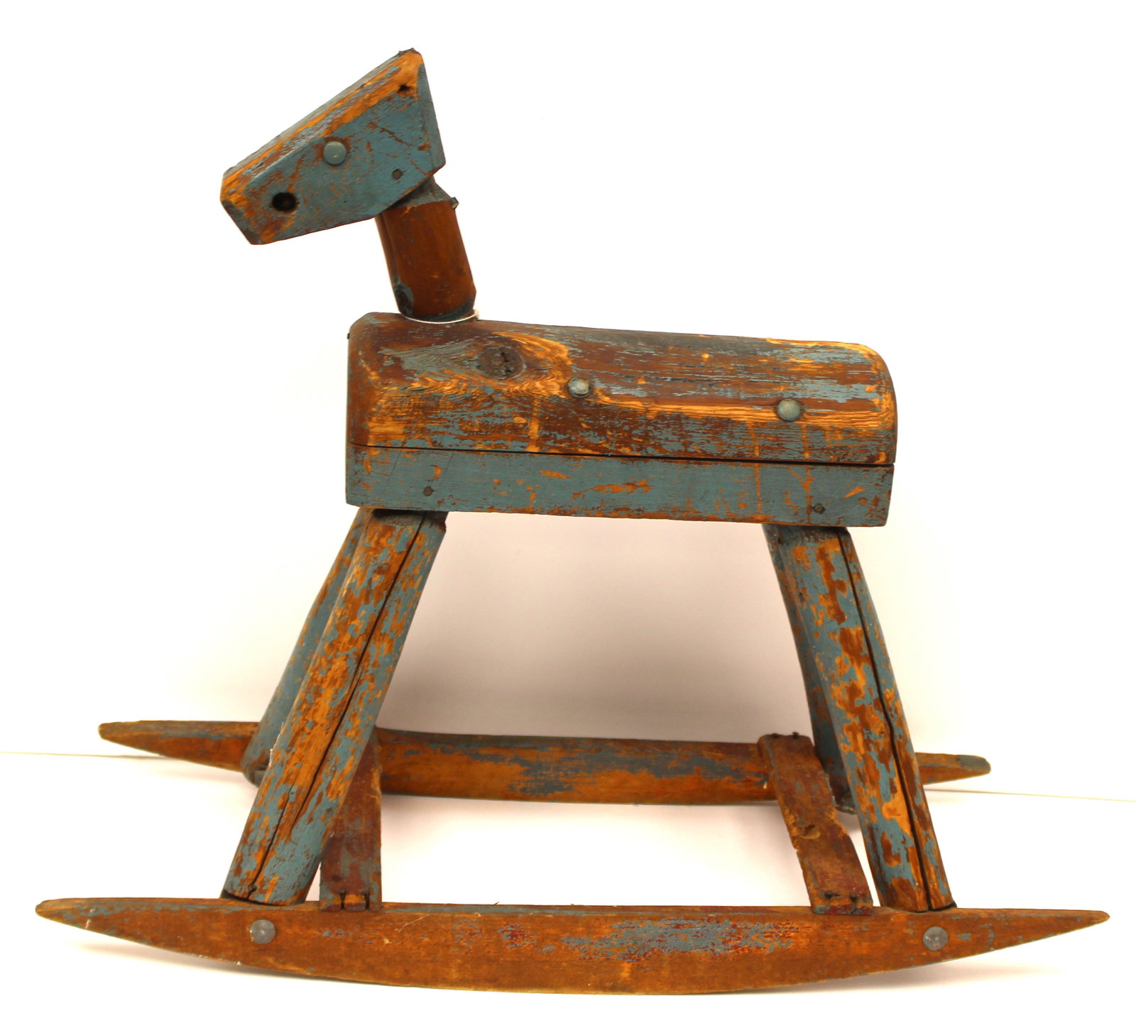 Folky child's rocking horse w traces of blue paint - 20" tall x 24" long x 10" (1 of 8)
