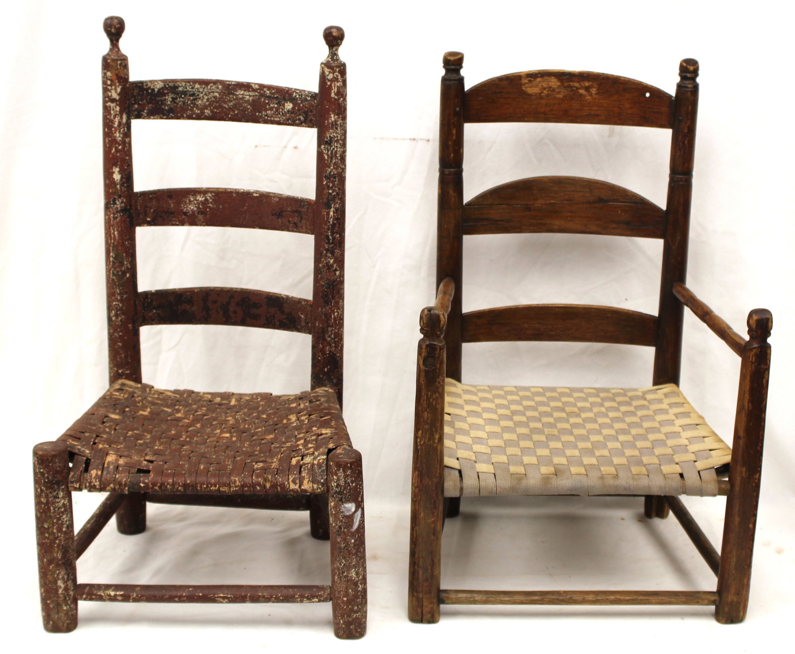 Lot of 2 antique 3 slat ladderback child's chairs - 25" & 24" tall (1 of 9)